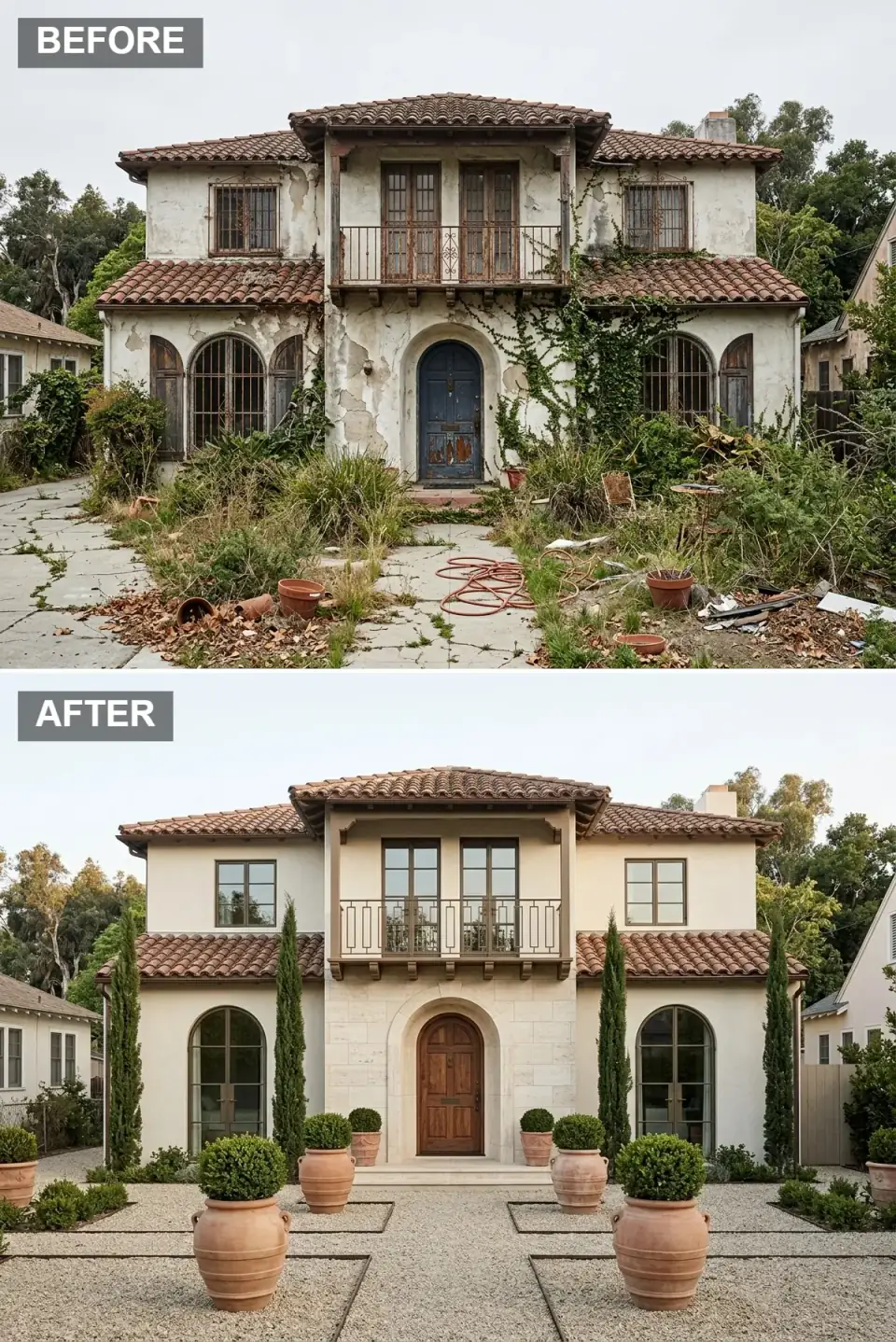Tuscan villa facade in smooth cream stucco with a travertine entry surround, bronze-framed windows, ornate dark bronze balcony railing, walnut arched door, terracotta urns with boxwood, gravel parterre and Italian cypress