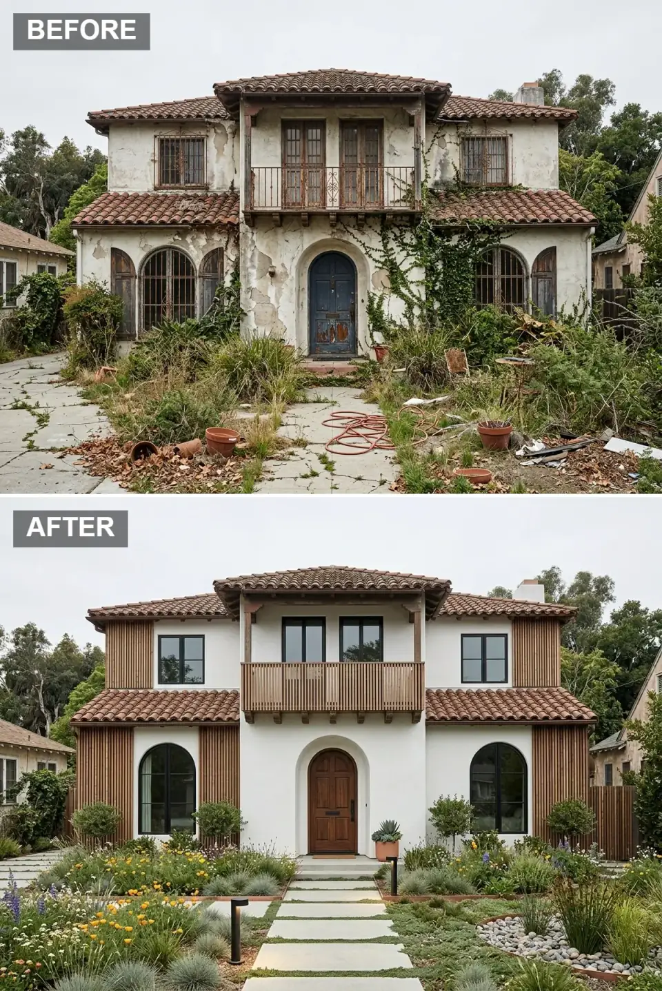 California modern Spanish revival with vertical cedar slat side wings, bright white central stucco, horizontal cedar balcony slats, black-framed arched windows, a native meadow, dry pebble riverbed and concrete stepping stones