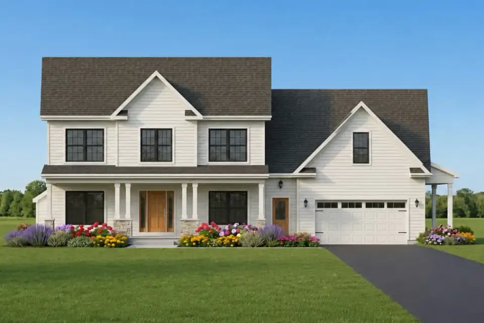 Rear exterior render of 790184GLV showing varied roof pitches over the morning room extension, a covered rear porch, and symmetrical window placement on the back elevation