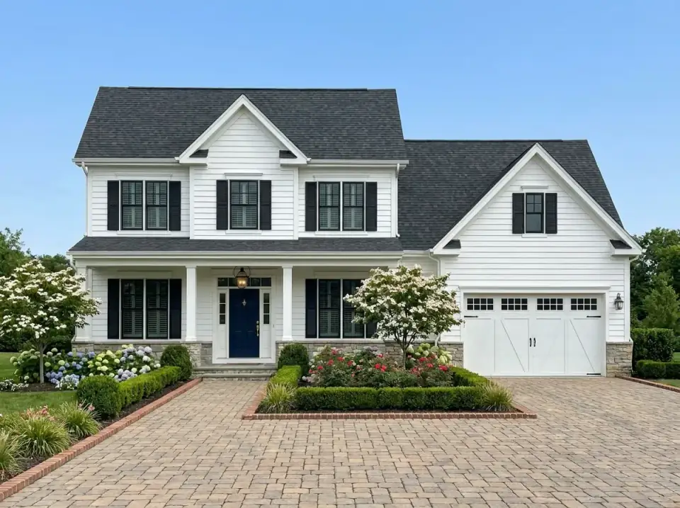 Classic American farmhouse facade with white horizontal siding, black louvered shutters, stone veneer water table, deep navy front door, manicured boxwood hedges and a herringbone paver driveway
