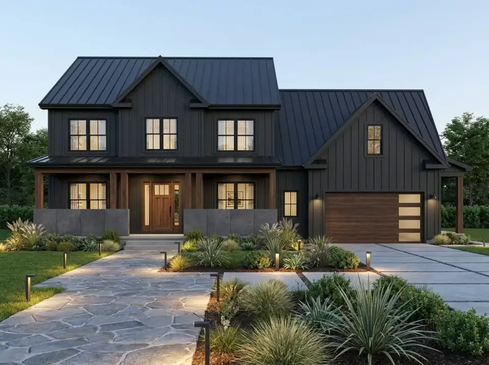 Dark modern farmhouse facade with charcoal vertical board-and-batten siding, dark standing-seam metal roof, natural wood porch columns, garage door and front door, sculptural drought-tolerant grasses, and a flagstone walkway