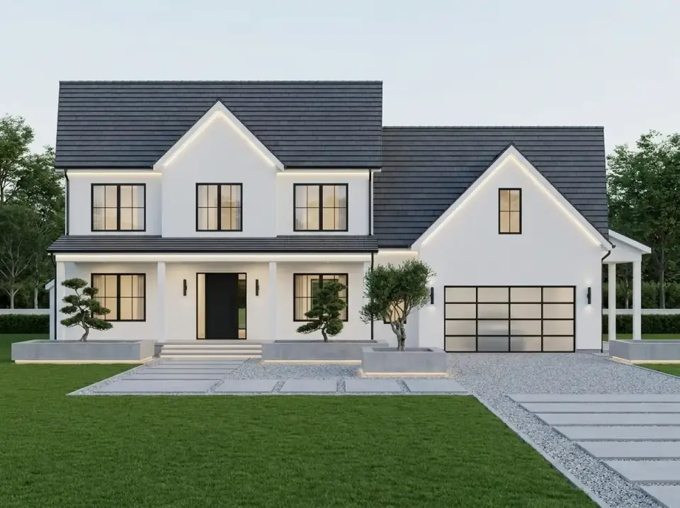 Minimalist contemporary facade with smooth white stucco, dark tiled roof, sleek black-framed windows, integrated LED gable lighting, manicured bonsai trees in large concrete planters, and a gravel driveway
