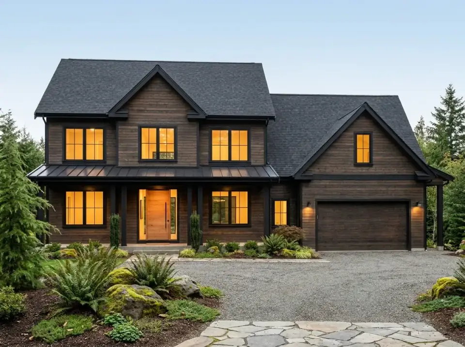 Rustic craftsman lodge facade with dark-stained horizontal wood siding, heavy timber porch columns and entry, metal accent roof over the porch, ferns and moss-covered rocks in the landscape, and a gravel driveway