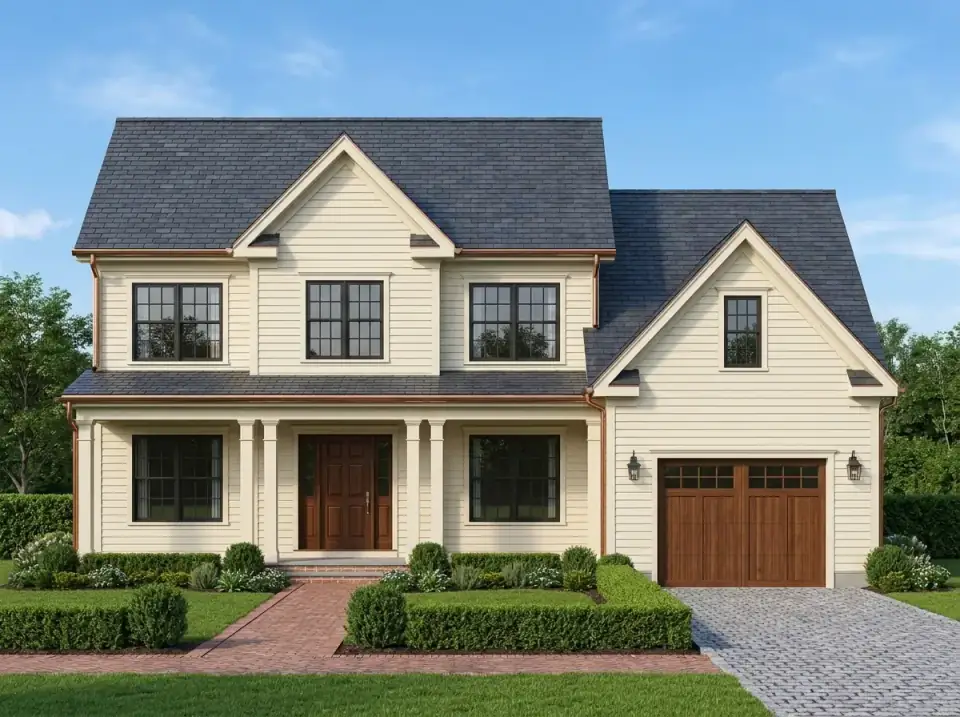 Traditional Colonial Revival facade with cream horizontal siding, copper gutters and downspouts, stained wood front and garage doors with classic pane detailing, red brick walkway, and trimmed boxwood hedges