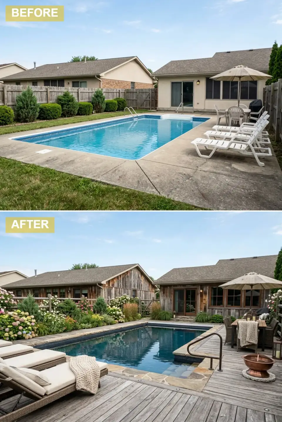 Rustic cottage pool surrounded by weathered barn-wood siding and deck, abundant roses and hydrangeas, brown wicker furniture, knit throws, and a copper fire pit