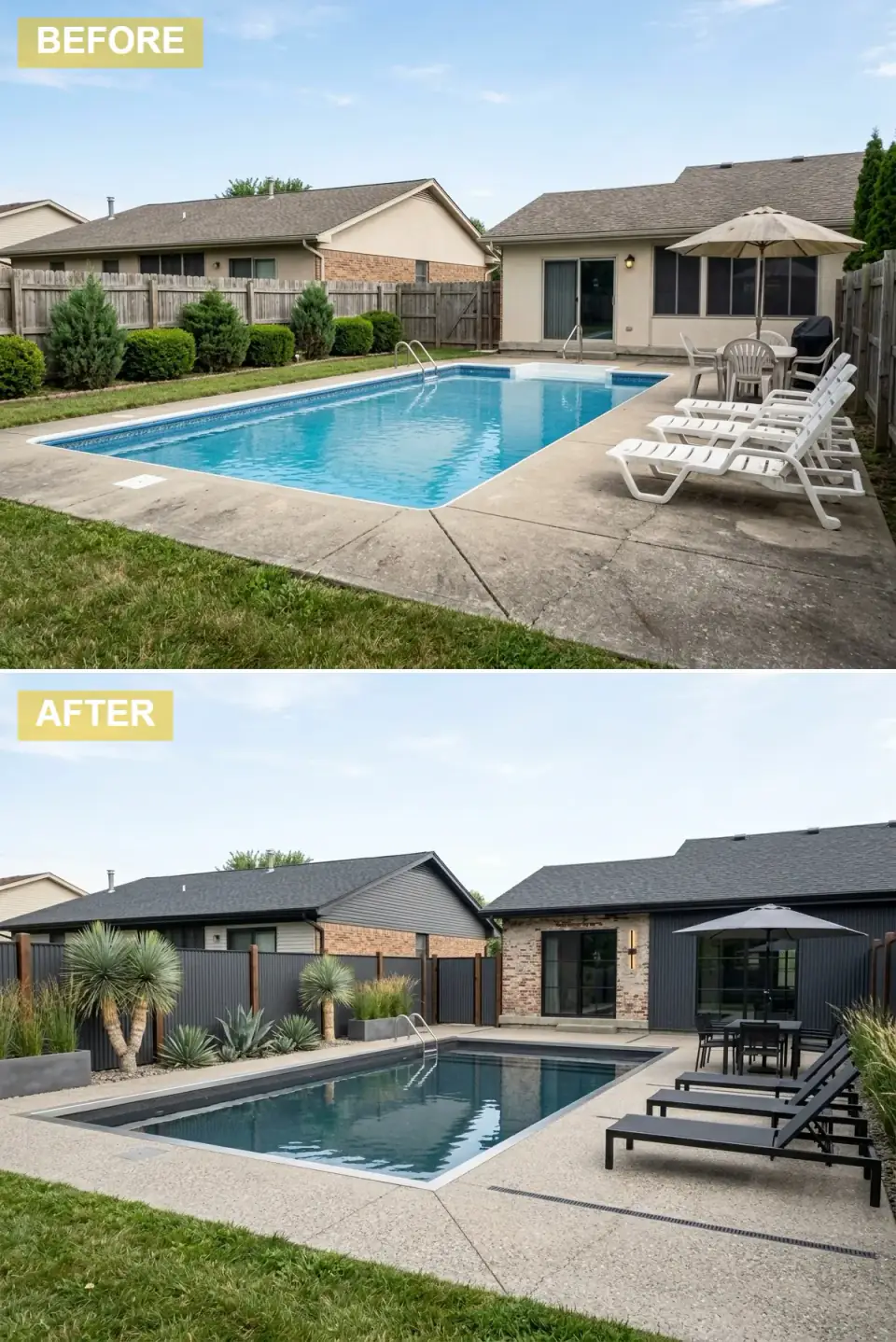 Pool area with black corrugated metal and exposed brick siding, exposed-aggregate patio, black metal-and-wood fence panels, and drought-tolerant planters