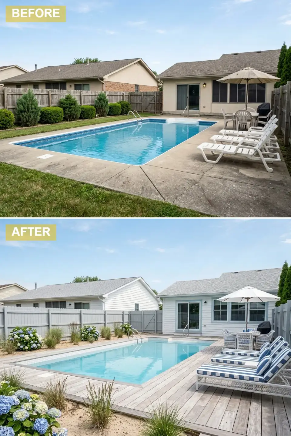 Bright coastal pool area with crisp white siding, light blue trim, weathered grey wood deck, a sand bed of beach grasses and hydrangeas, and blue-and-white striped cushions