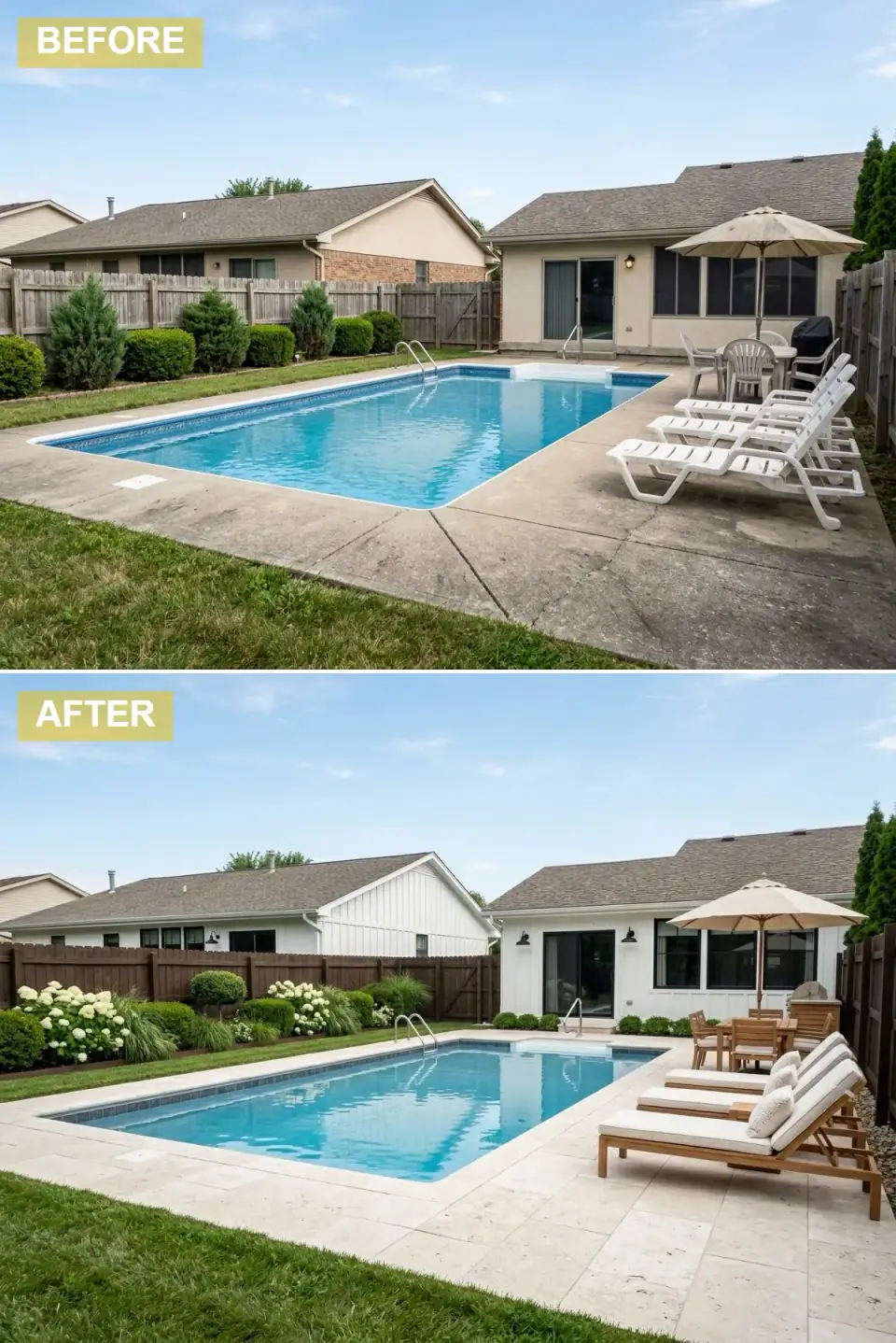 Modern farmhouse pool with white board-and-batten siding, black window frames, light travertine pool decking, dark wood fence, hydrangeas, and teak lounge chairs