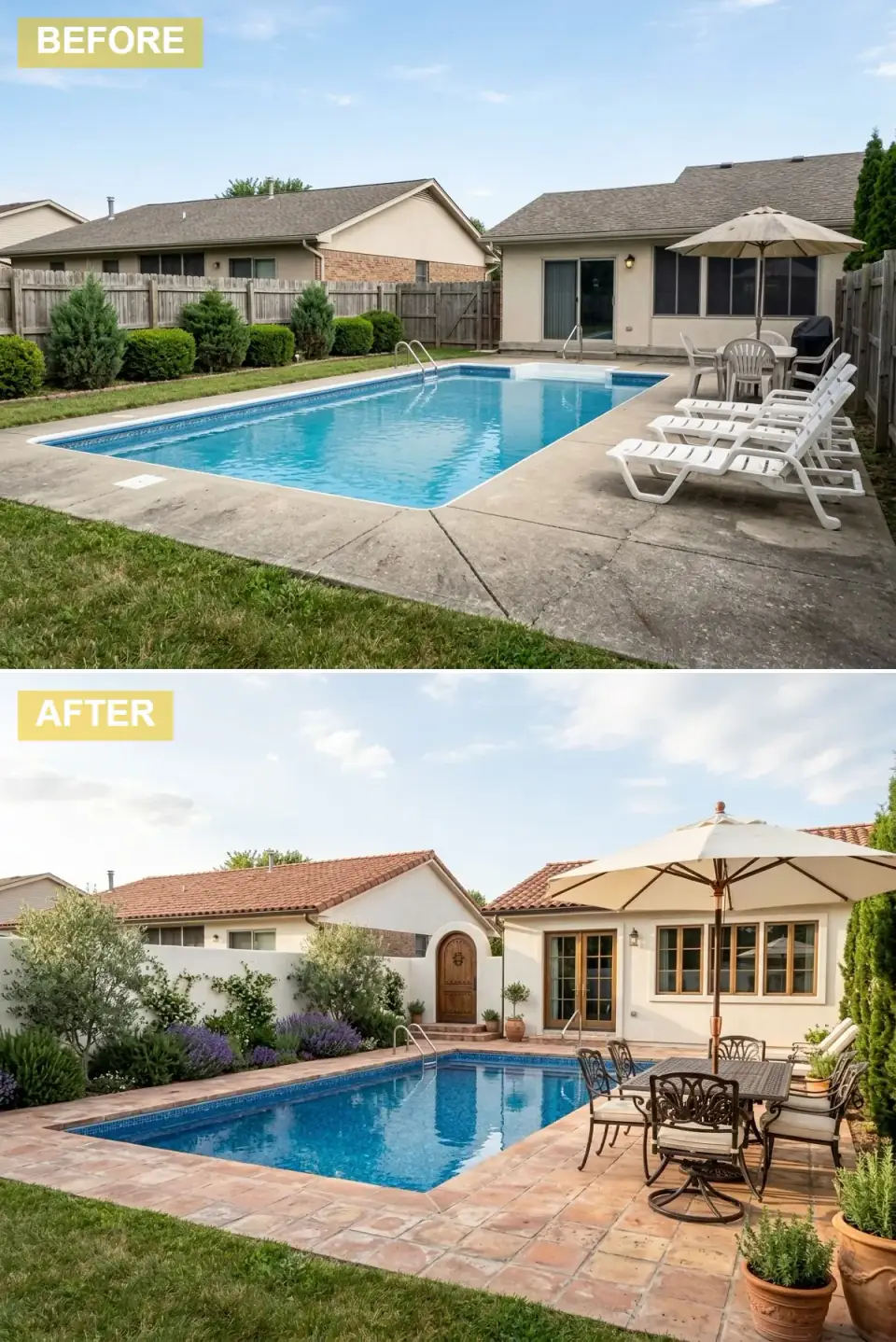 Mediterranean pool retreat with cream stucco walls, terracotta tile roof, arched wood door, terracotta pavers, olive trees, lavender, and wrought-iron furniture