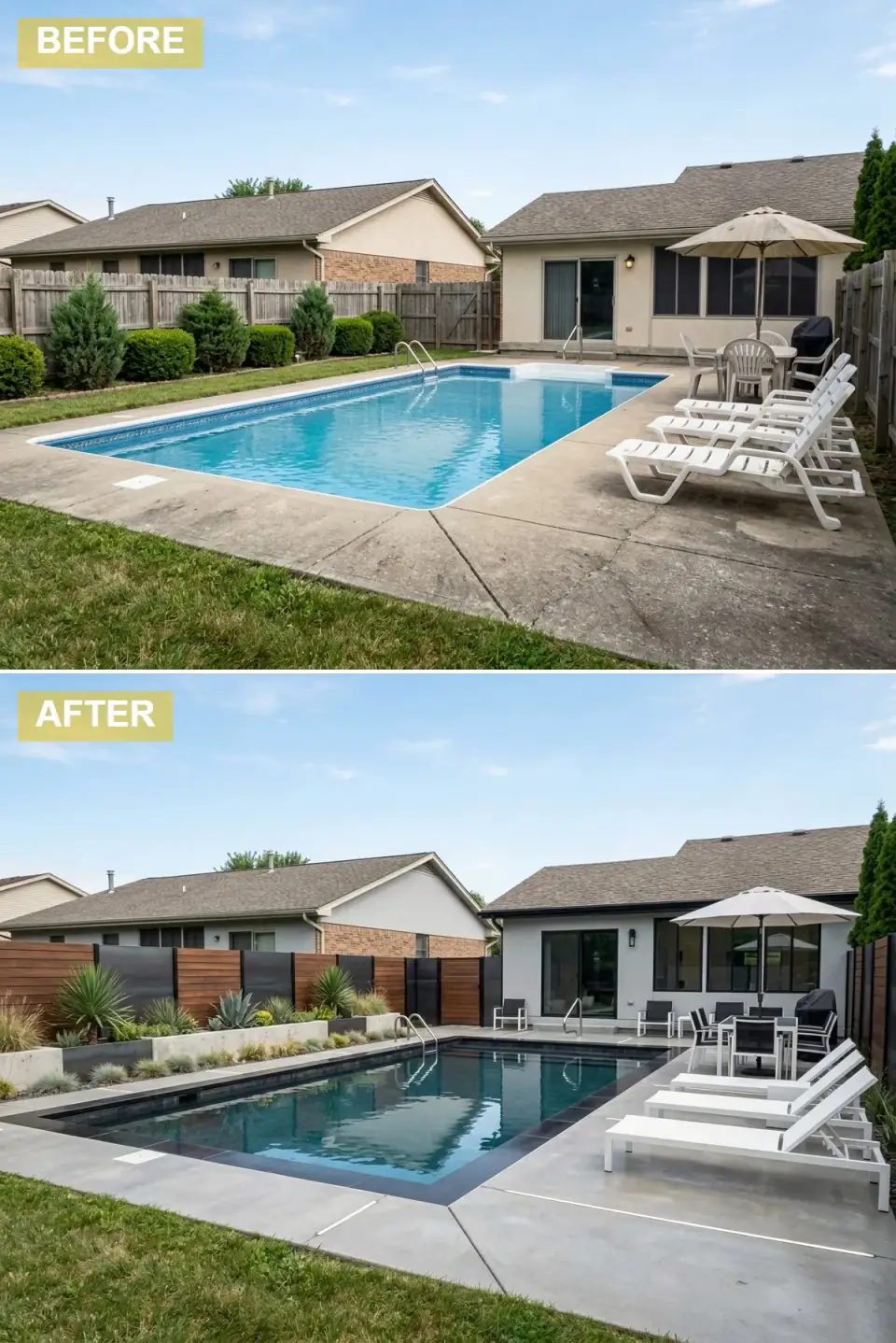 Minimalist pool patio with smooth light grey stucco, horizontal cedar-and-black-metal fence, large-format concrete pavers, concrete planters, and white furniture