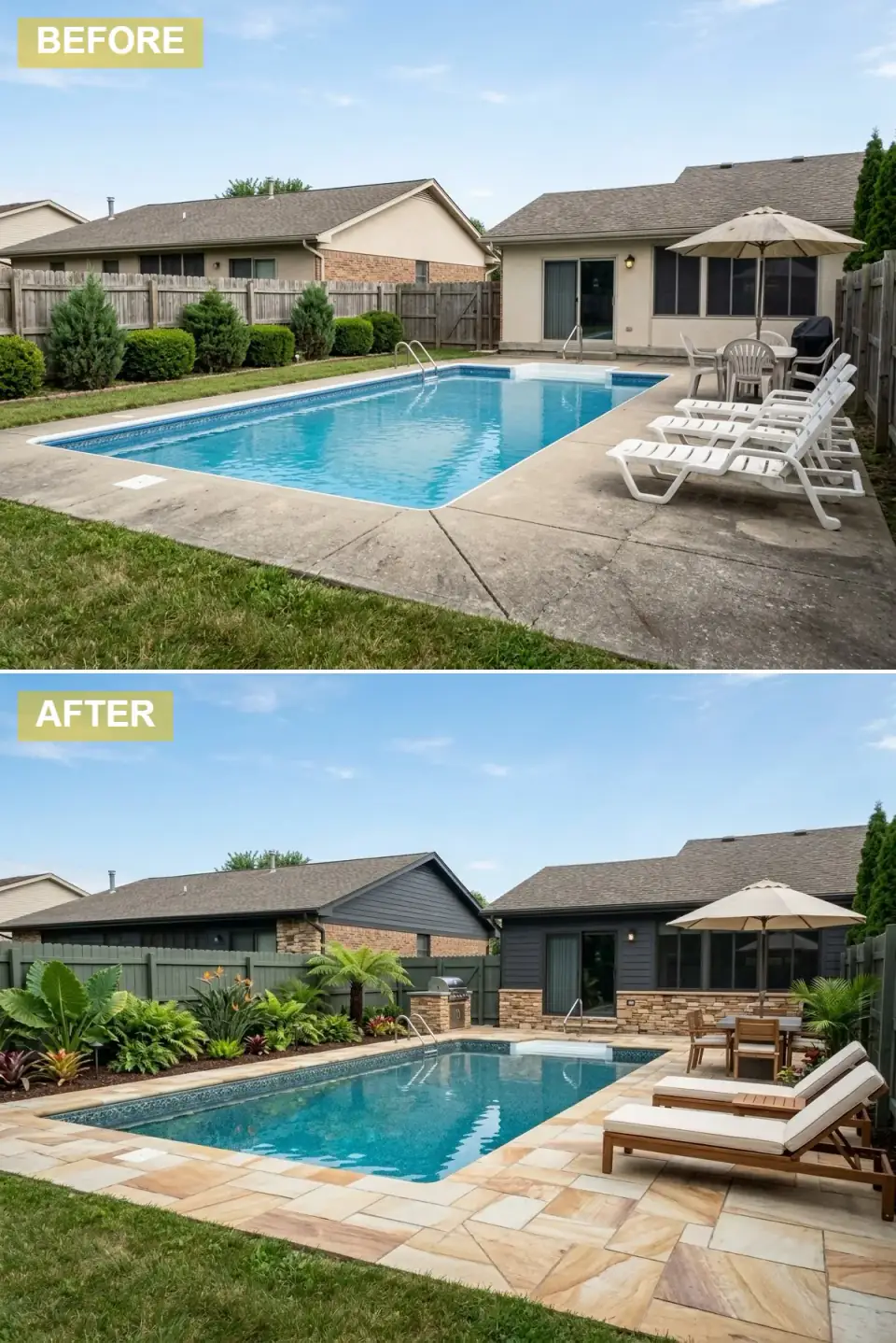 Tropical resort-style pool with dark siding, stacked stone veneer, a built-in outdoor kitchen, tan sandstone pavers, dense palms and ferns, and teak loungers
