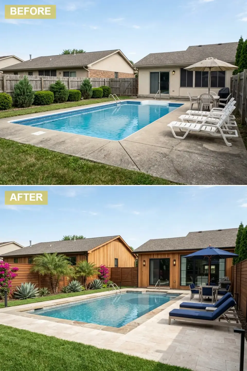 Mid-century modern pool with vertical natural cedar siding and fence, light travertine pavers, palms and agaves, bougainvillea, and cobalt blue lounge chairs