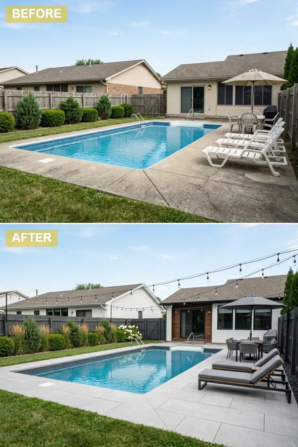 Contemporary pool bistro with white stucco, dark wood accent wall, black fence, large grey porcelain pavers, overhead string lights, and grey rope-and-metal dining furniture