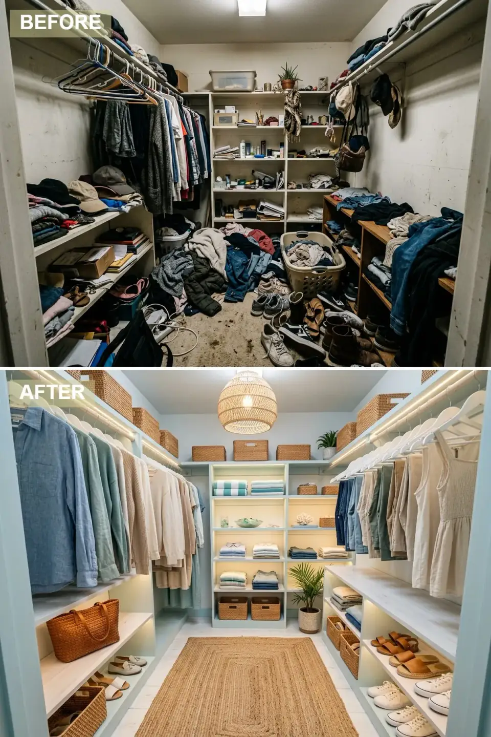 Coastal-style closet makeover with custom light-blue cabinetry, crisp white shelves, woven baskets, a jute rug, and a rattan pendant light replacing wire shelving