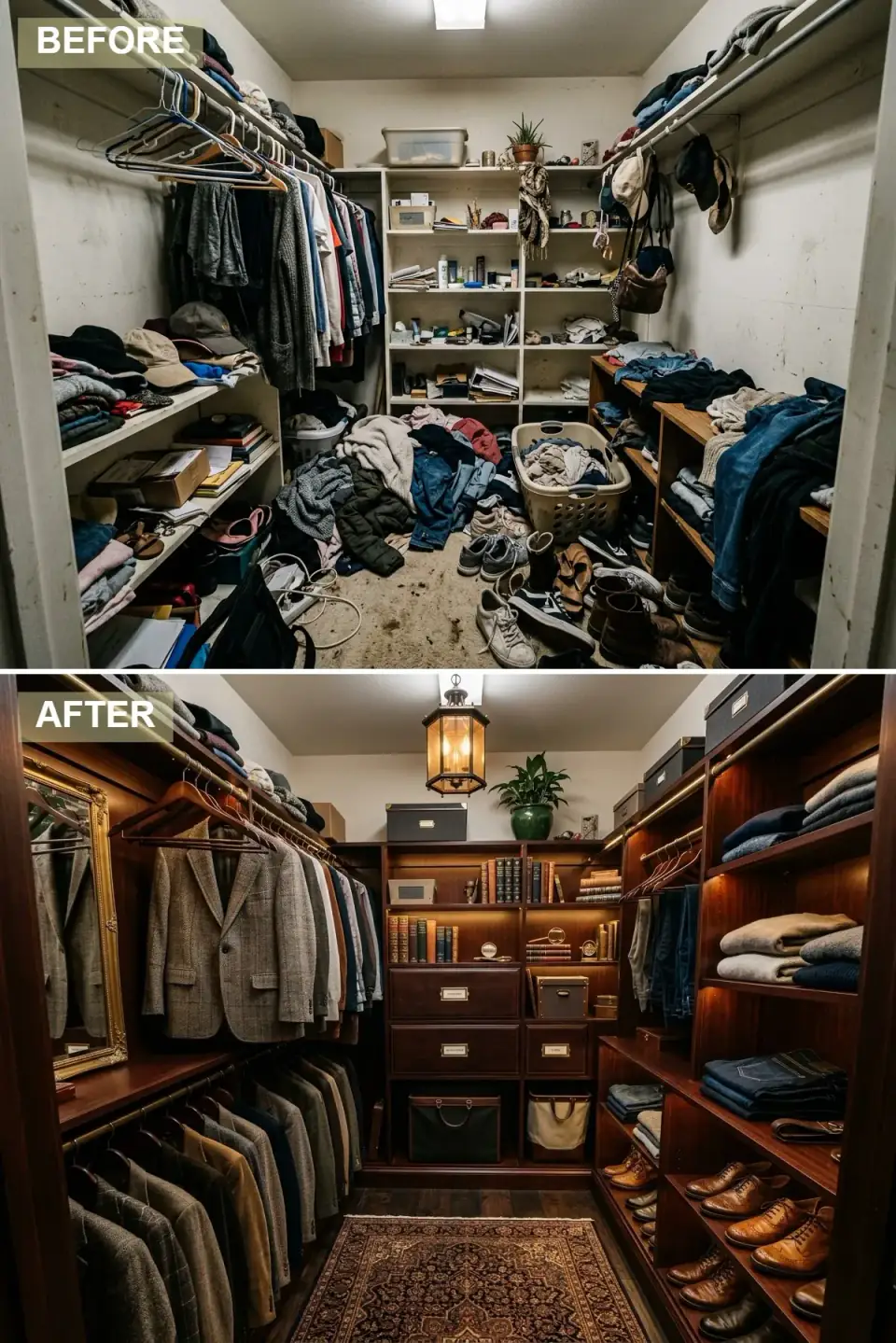 Library-style closet with dark walnut cabinetry, brass label-holder drawers, leather storage boxes, a lantern pendant, and integrated shelf lighting