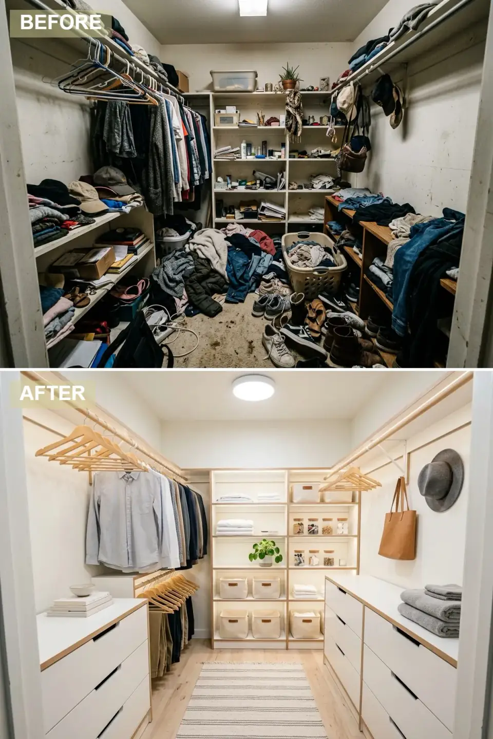 Scandinavian minimalist closet with white shelves and drawers, light wood trim, pale oak floor, cream canvas storage bins, and a flush-mount ceiling light