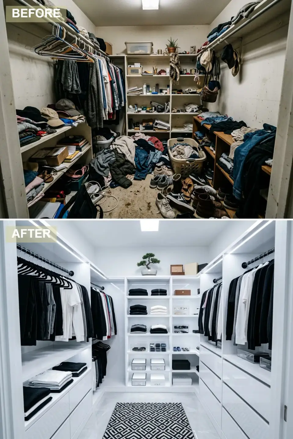 Modern luxury closet with high-gloss white cabinetry, black hardware and clothing rails, integrated LED shelf lighting, and a geometric black and white rug