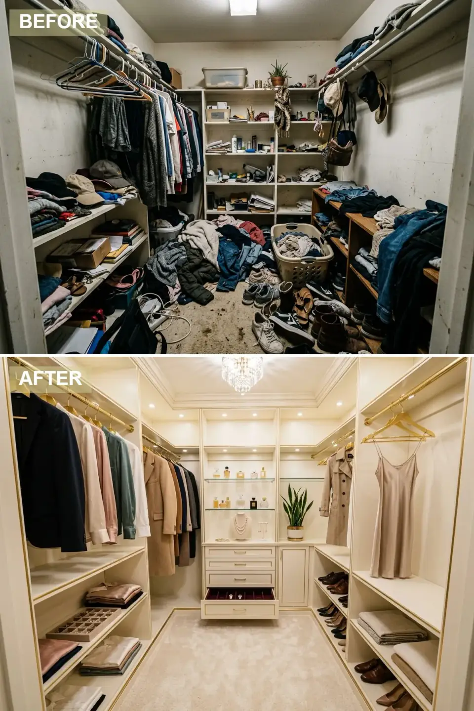 Glamorous dressing room with cream cabinetry, gold trim, a crystal chandelier, a vanity with jewelry display, plush carpet, and burgundy velvet drawer inserts