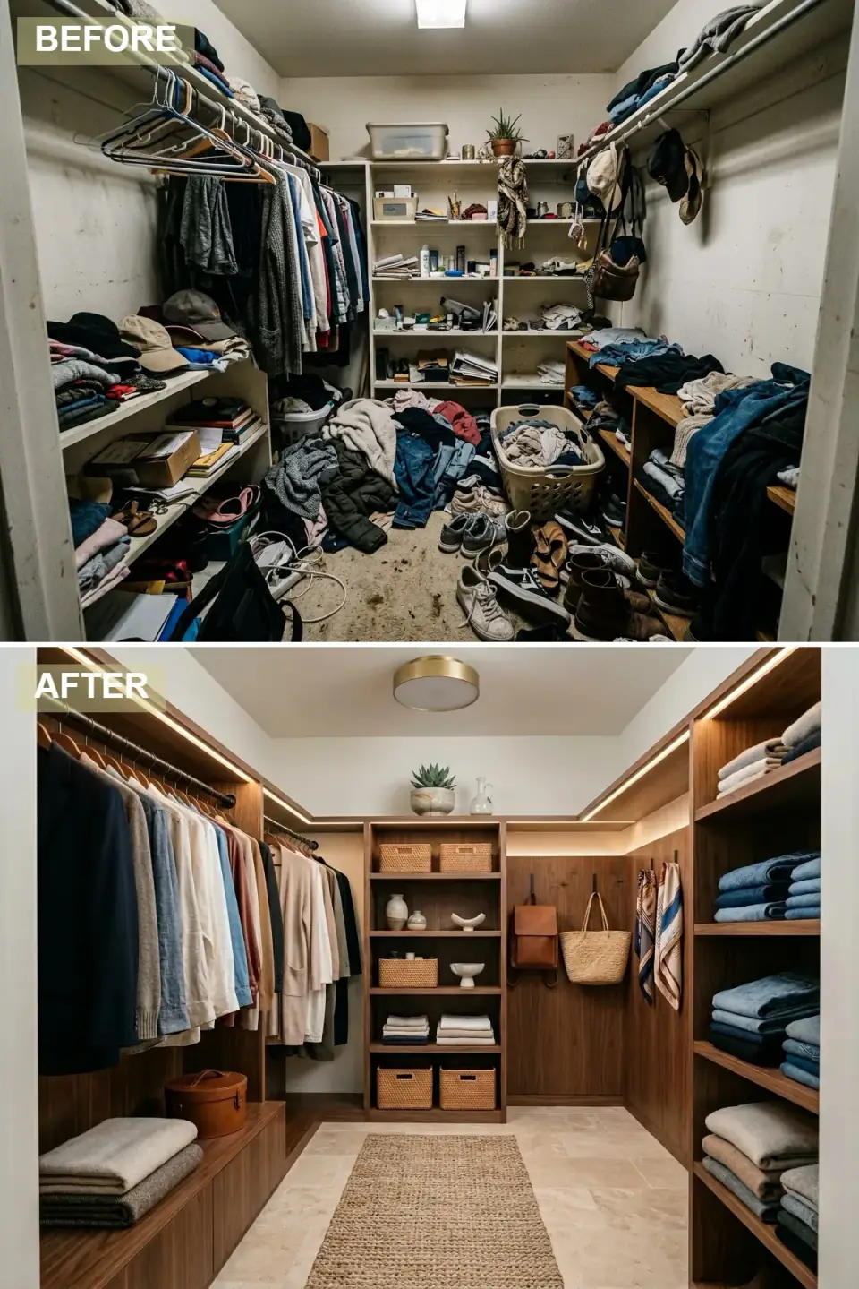 Mid-century modern closet with medium walnut cabinetry, warm integrated LED shelf lighting, a brass flush-mount fixture, woven baskets, and a travertine floor