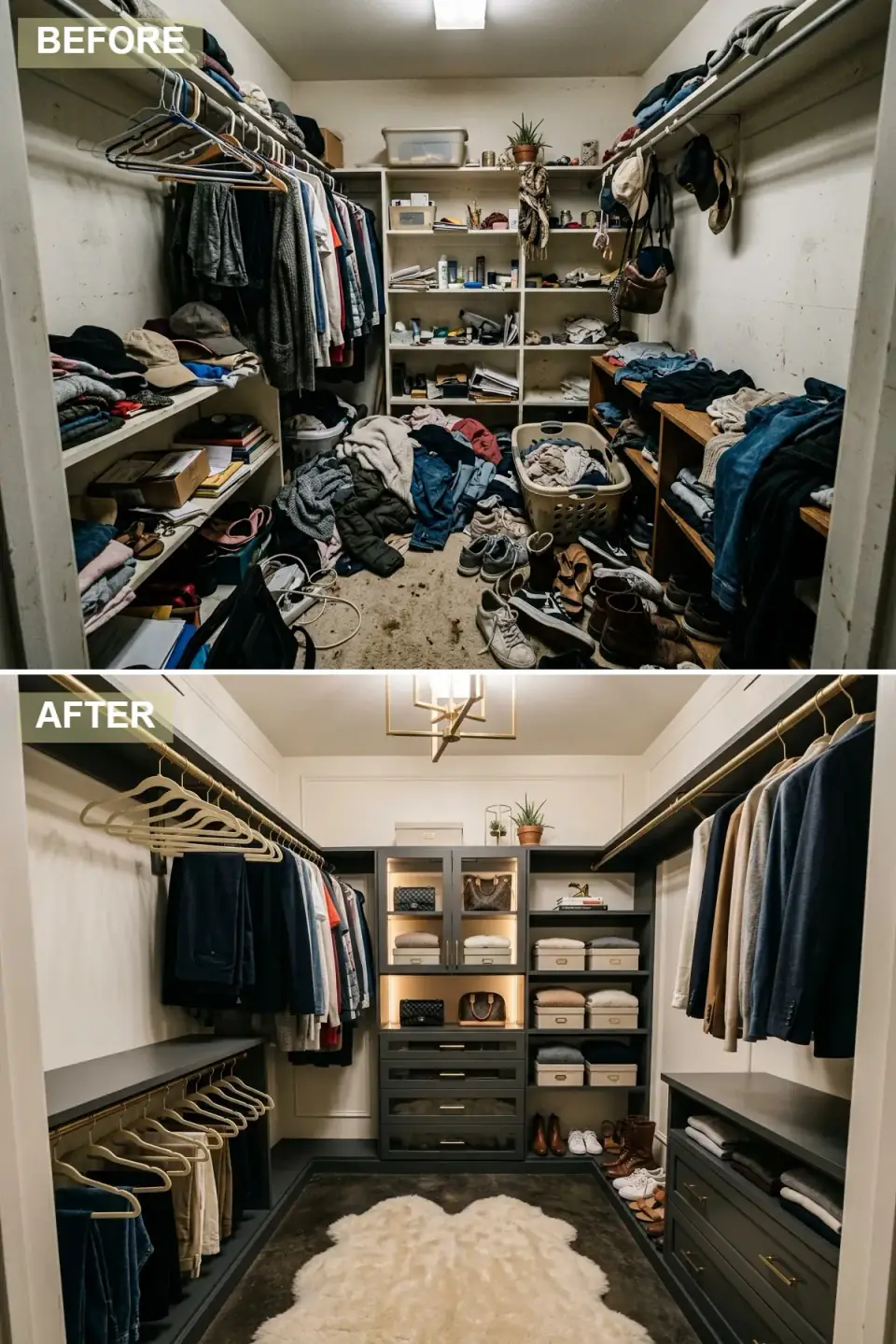 Boutique-style closet with dark charcoal cabinetry, glass-fronted lit upper cabinets displaying handbags, a geometric gold pendant, gold hardware, and a sheepskin rug