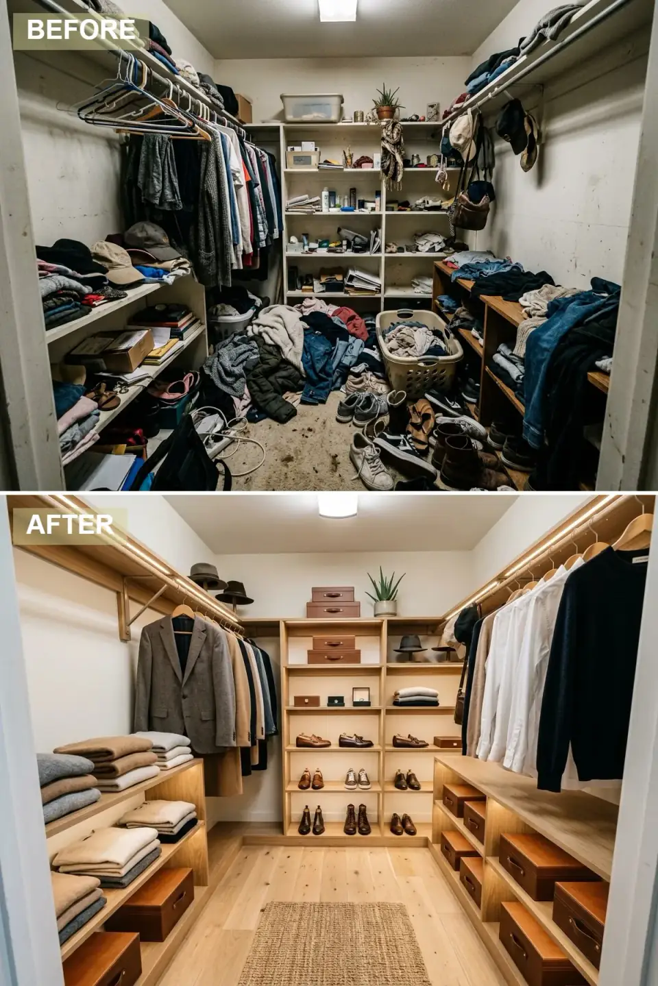 Organic modern closet with light oak shelving and rods, matching wooden hangers, uniform tan leather storage boxes, a pale wood floor, and a jute runner