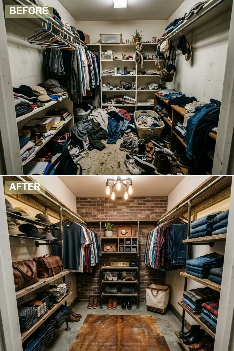 Rustic industrial closet with black metal pipe shelving, reclaimed wood planks, a faux brick accent wall, a cowhide rug on concrete, and exposed-bulb lighting