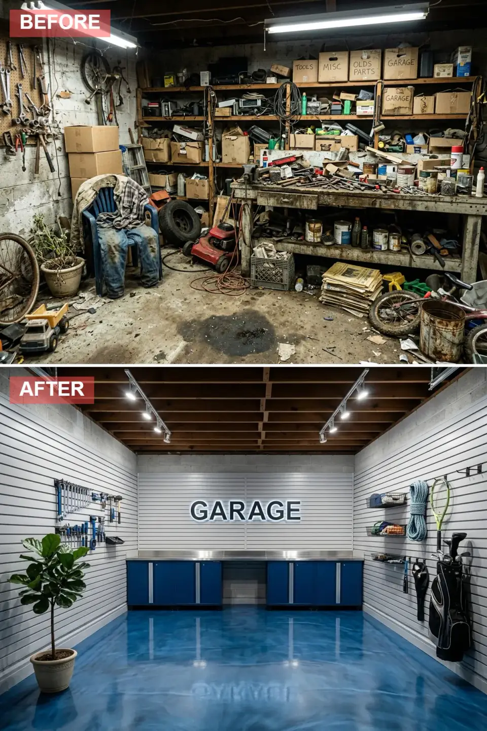 Minimalist showroom garage with white slatwall walls, glossy metallic blue epoxy floor, navy base cabinets with stainless top, and an illuminated GARAGE sign under track lighting