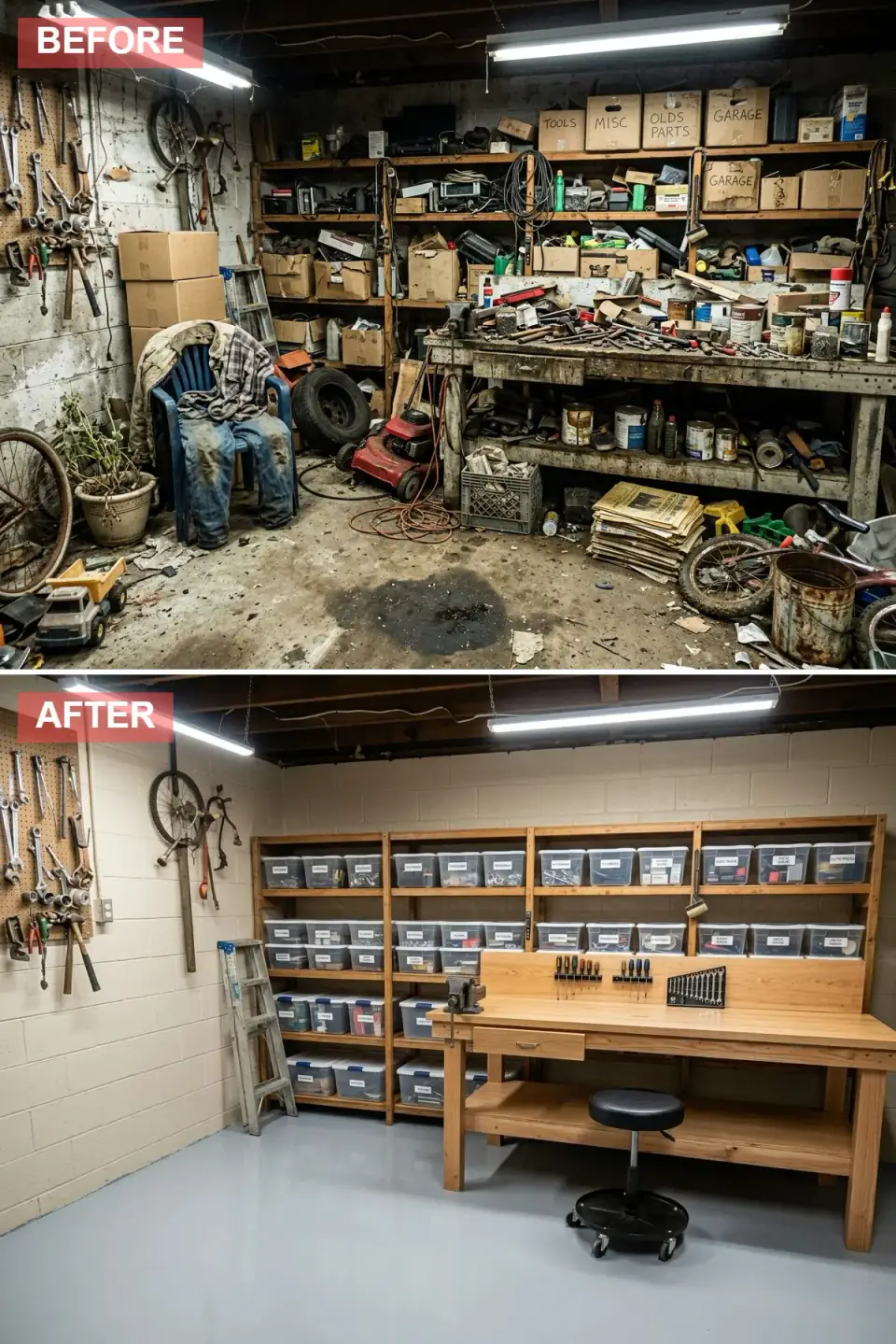 Craftsman garage workshop with warm cream painted block walls, natural pine workbench and shelving, labeled clear bins, light gray epoxy floor, and a retained pegboard