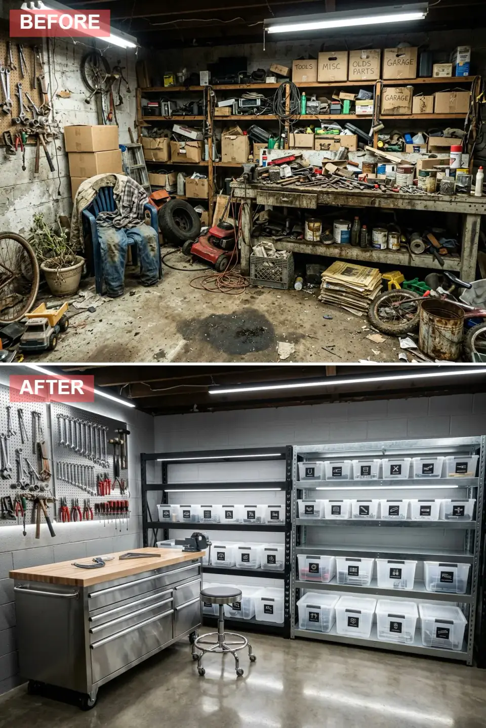 Monochrome industrial garage lab with medium gray walls, polished concrete floor, black powder-coated steel shelving with underlit clear bins, and a rolling stainless tool chest topped with butcher block