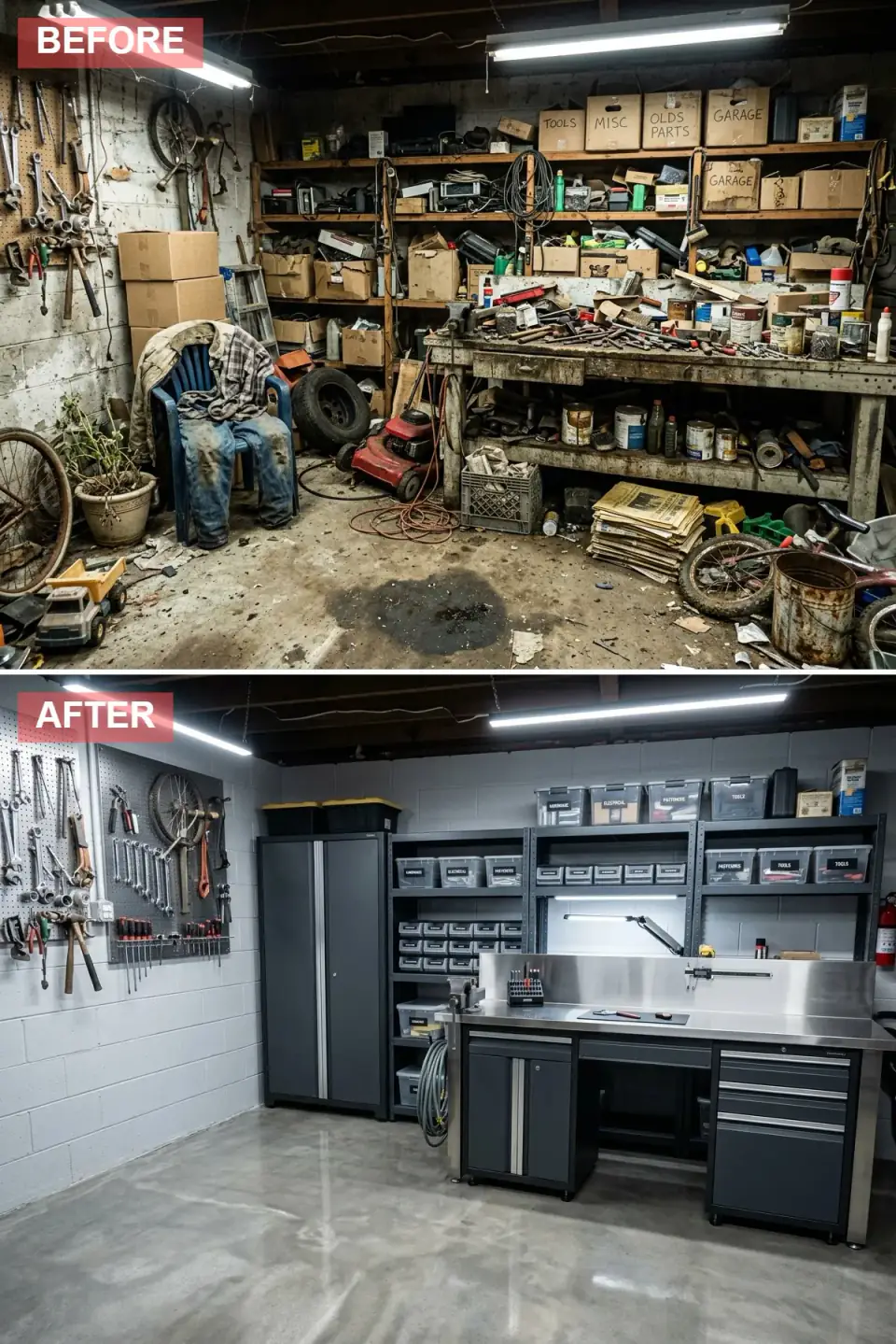 Professional mechanic-style garage corner with dark gray cabinetry, light gray block walls, dual pegboards of curated hand tools, a stainless workbench with built-in vise, and a metallic epoxy floor