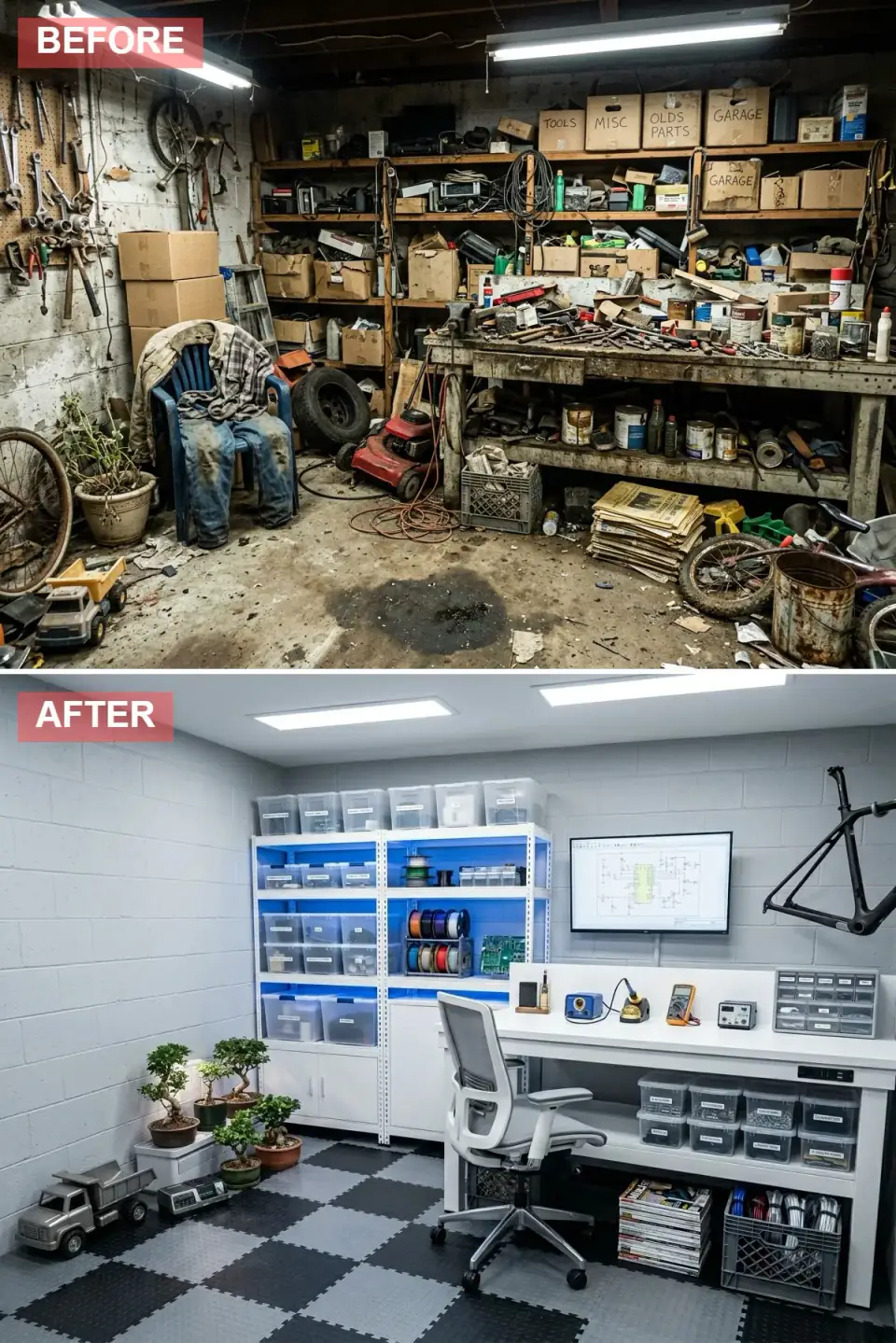Bright electronics lab converted from a garage with white drywall ceiling and recessed LED panels, light gray-white walls, black-and-gray foam floor tiles, a white desk with soldering station, and backlit shelving with blue LED accents