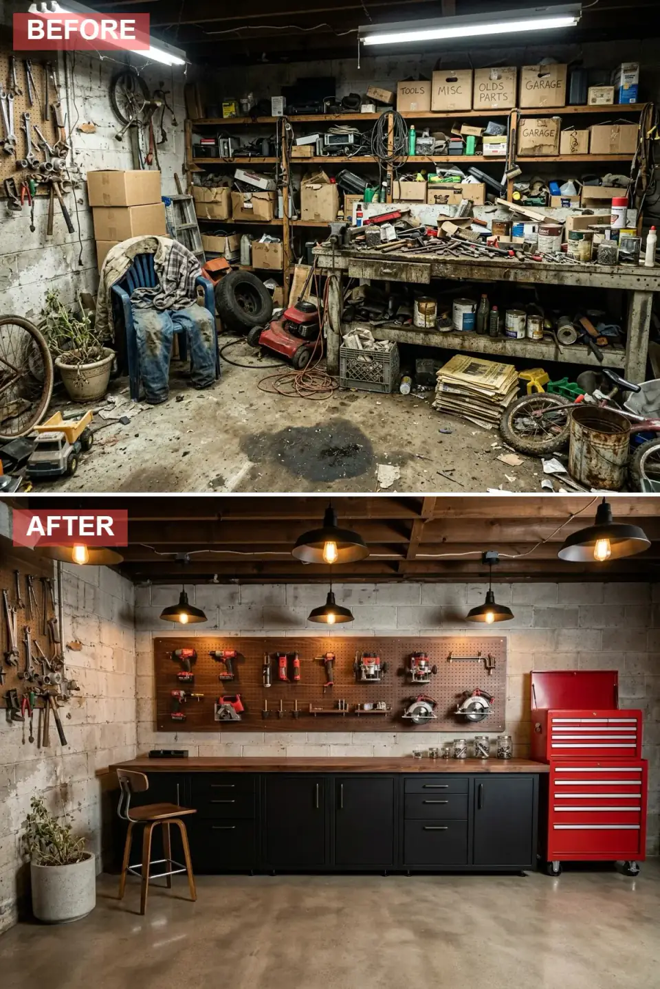 Heritage-style garage workshop with cleaned exposed cinder block, oversized black industrial pendant lights with Edison bulbs, matte black lower cabinets with a dark walnut counter, a stained-wood tool pegboard, and a classic red rolling tool chest