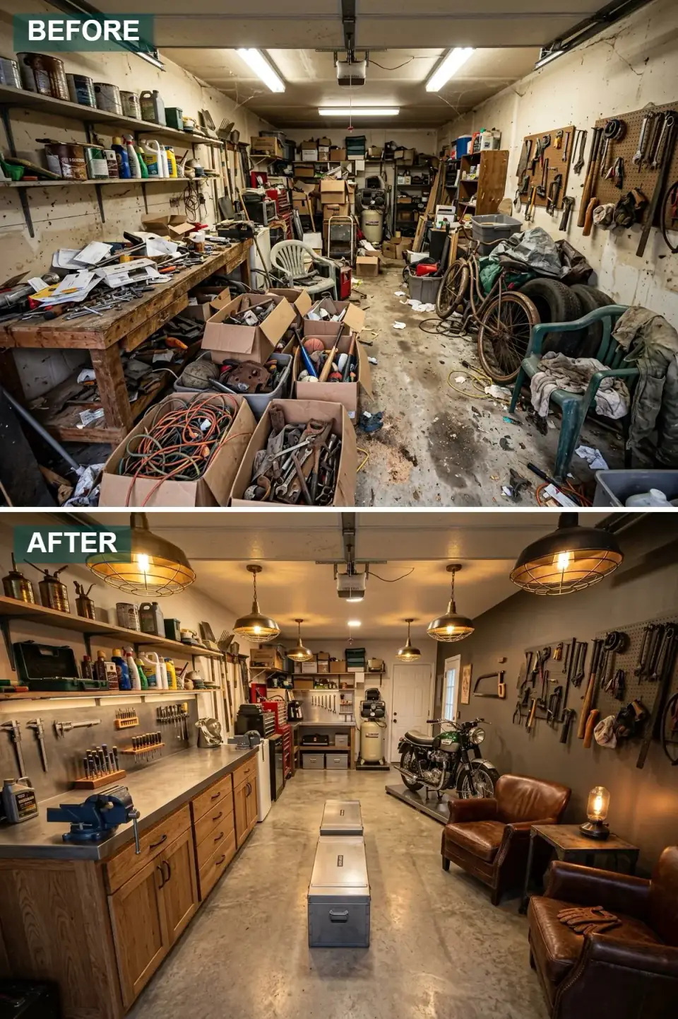 Industrial gentleman's retreat garage renovation with warm brass pendant lighting, custom oak cabinetry, stainless steel countertops, black pegboard tool wall, polished concrete floor, and leather lounge chairs.