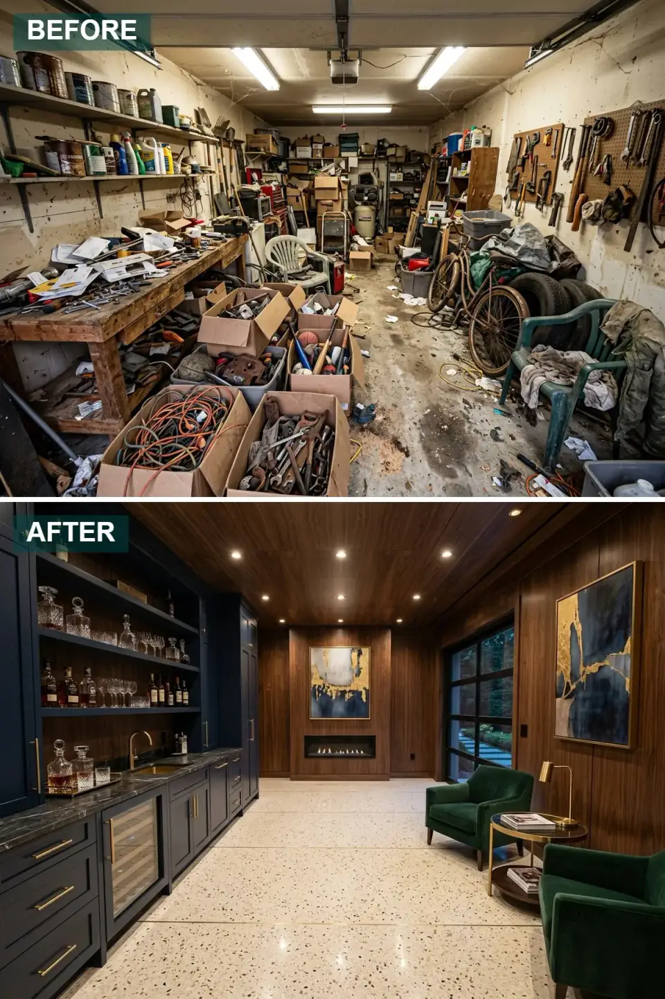 Luxury lounge garage conversion with floor-to-ceiling dark walnut paneling, terrazzo flooring with brass inlay, dark marble wet bar, integrated modern fireplace, and jewel-toned velvet armchairs.