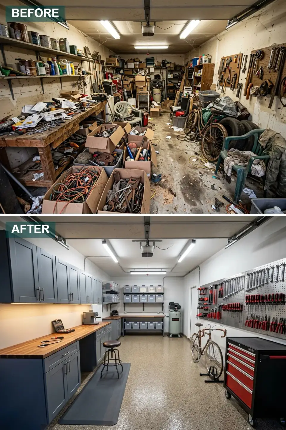 Craftsman's shop garage with slate grey shaker cabinets, butcher block countertop, tan speckled epoxy flooring, organized pegboard tool wall, and uniform storage bins on open shelving.