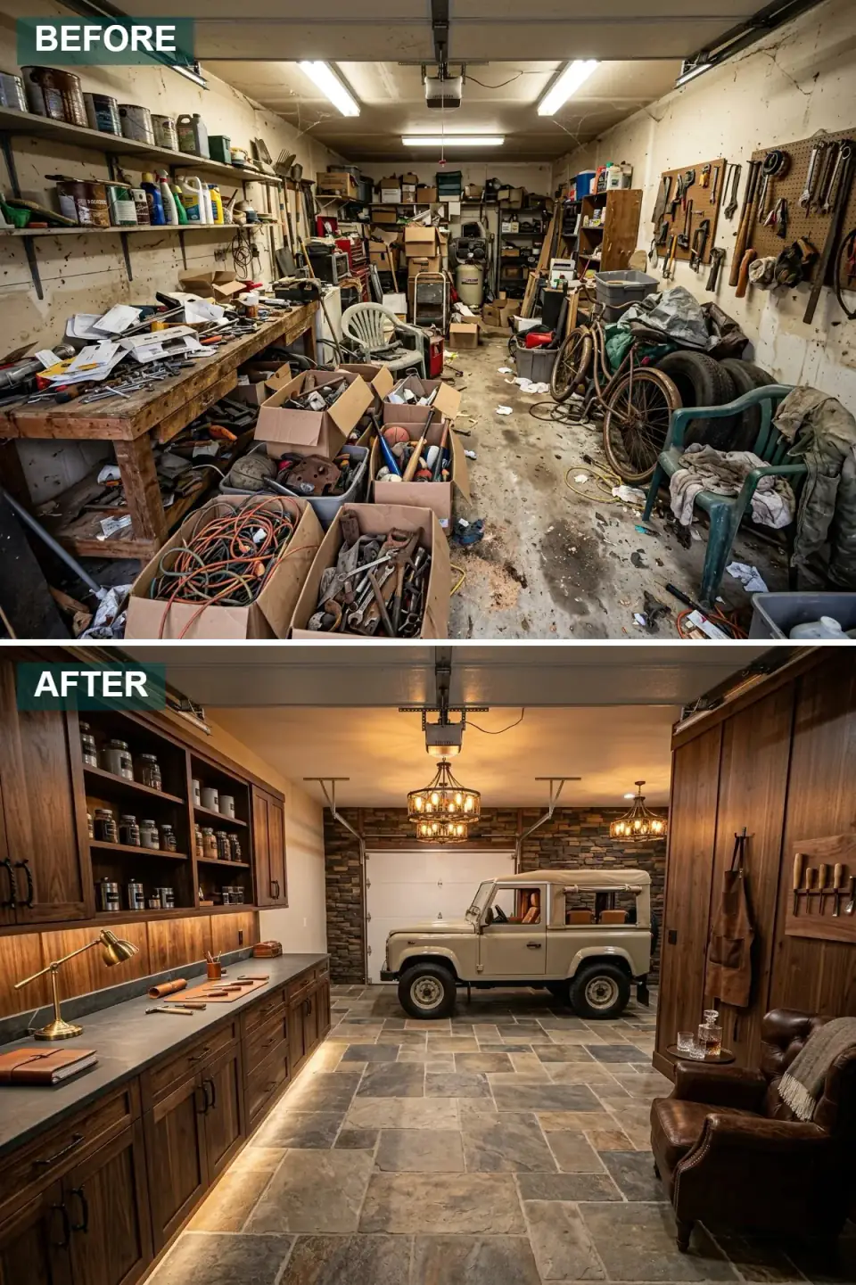 Rustic luxe garage haven with dark walnut cabinetry, stacked stone veneer accent wall, multi-color slate tile flooring, wrought iron chandeliers, warm under-cabinet LED strip lighting, and vintage car display.