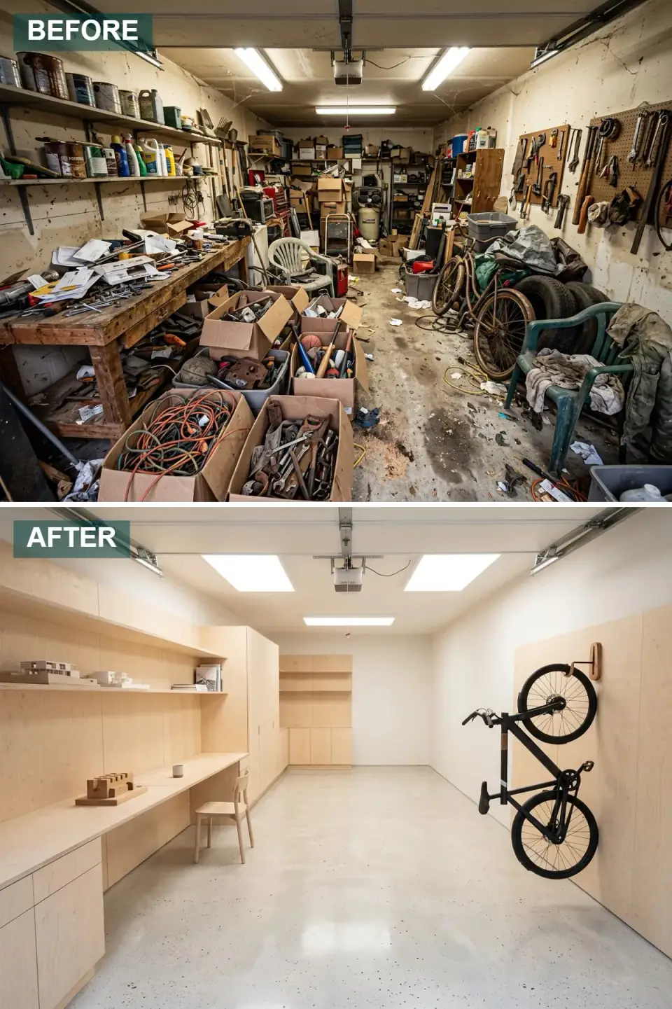 Minimalist Scandinavian garage studio with light blonde plywood floor-to-ceiling built-ins, polished light concrete flooring, large flush LED ceiling panels, and wall-mounted bicycle display.