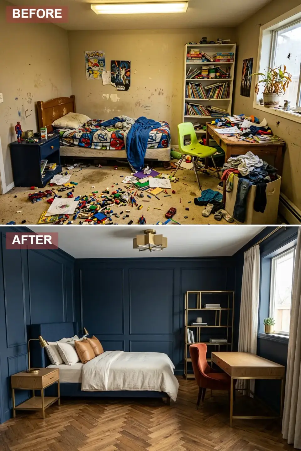 A teenager's chaotic bedroom rebuilt as a tailored navy sanctuary with deep blue picture-frame wainscoting, herringbone oak flooring, a brass geometric semi-flush chandelier, an upholstered navy bed in crisp white linen and cognac leather pillows, and a brass-framed etagere paired with a light oak desk.