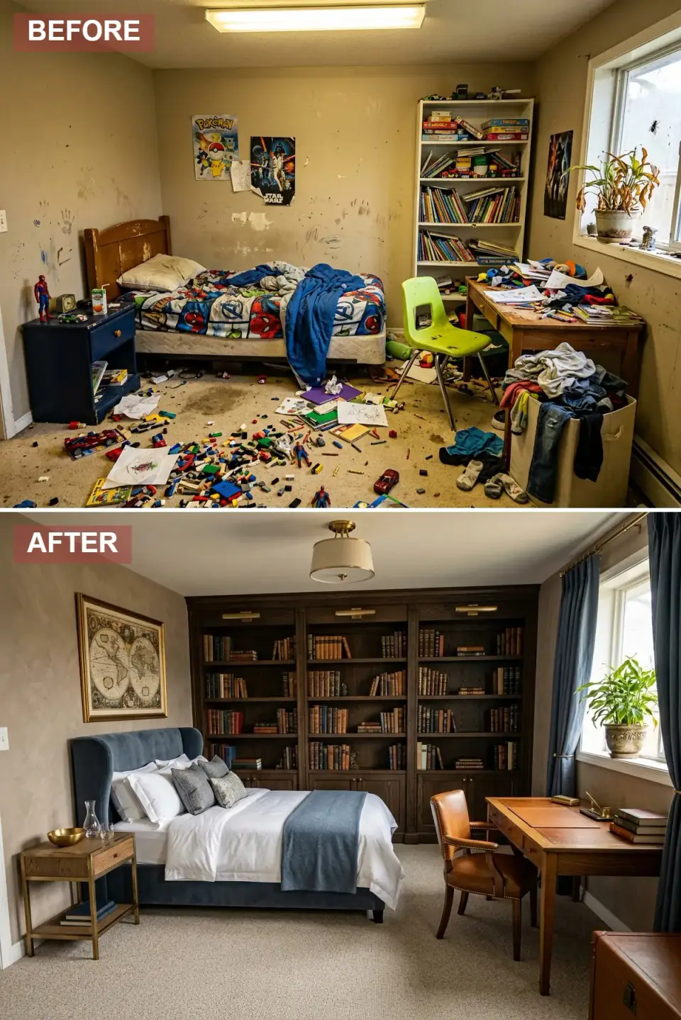 A bedroom converted into a scholarly retreat with a full wall of dark mahogany built-in shelving lit by brass picture lights, hushed neutral carpeting, a navy wingback upholstered bed in crisp white hotel linens, a vintage gold-framed world map, a leather-inset wood desk, and a brown leather armchair with brass nailhead trim.