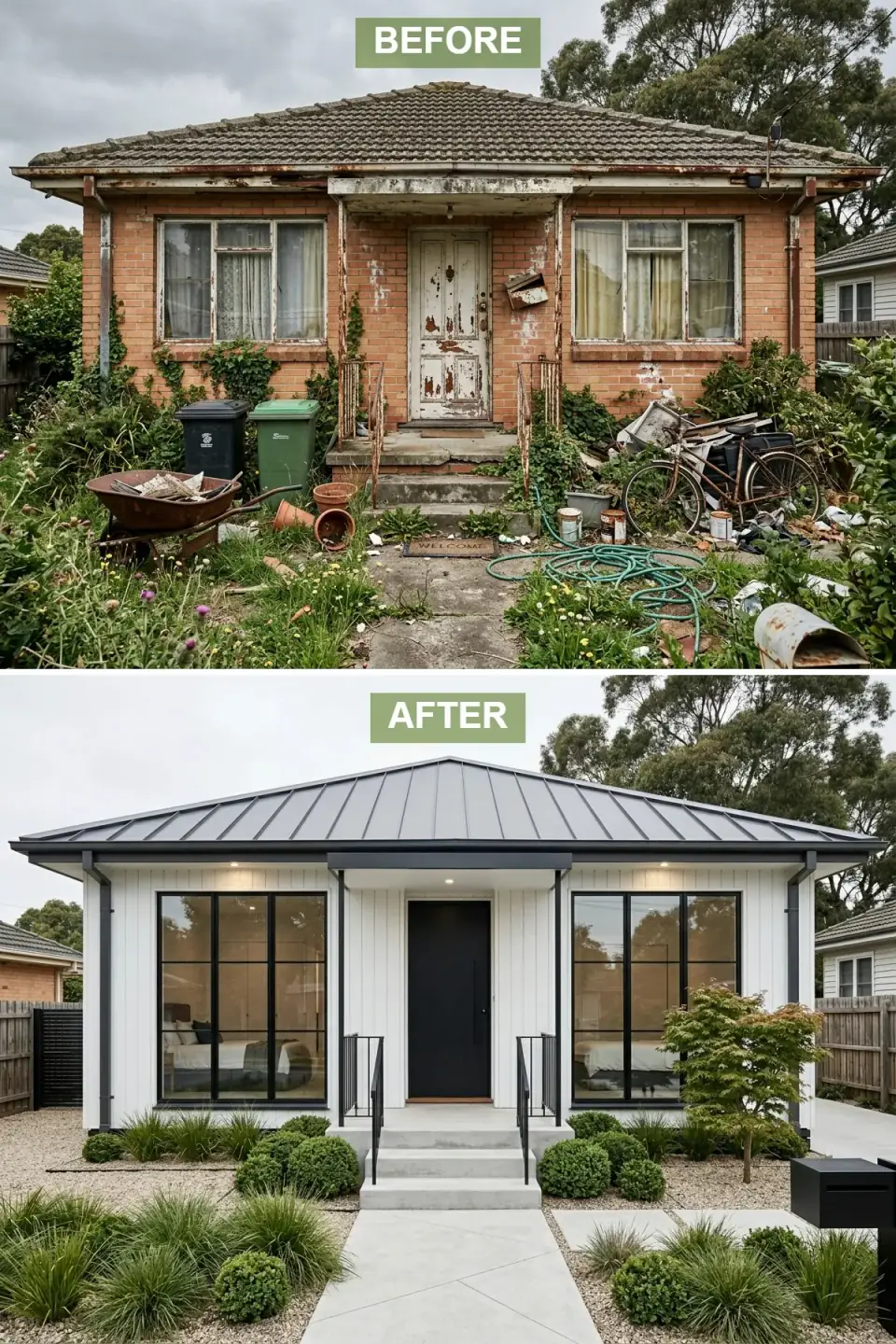 1960s brick home reclad in crisp white vertical siding with a standing-seam metal roof, black-framed glass, and minimalist boxwood landscaping