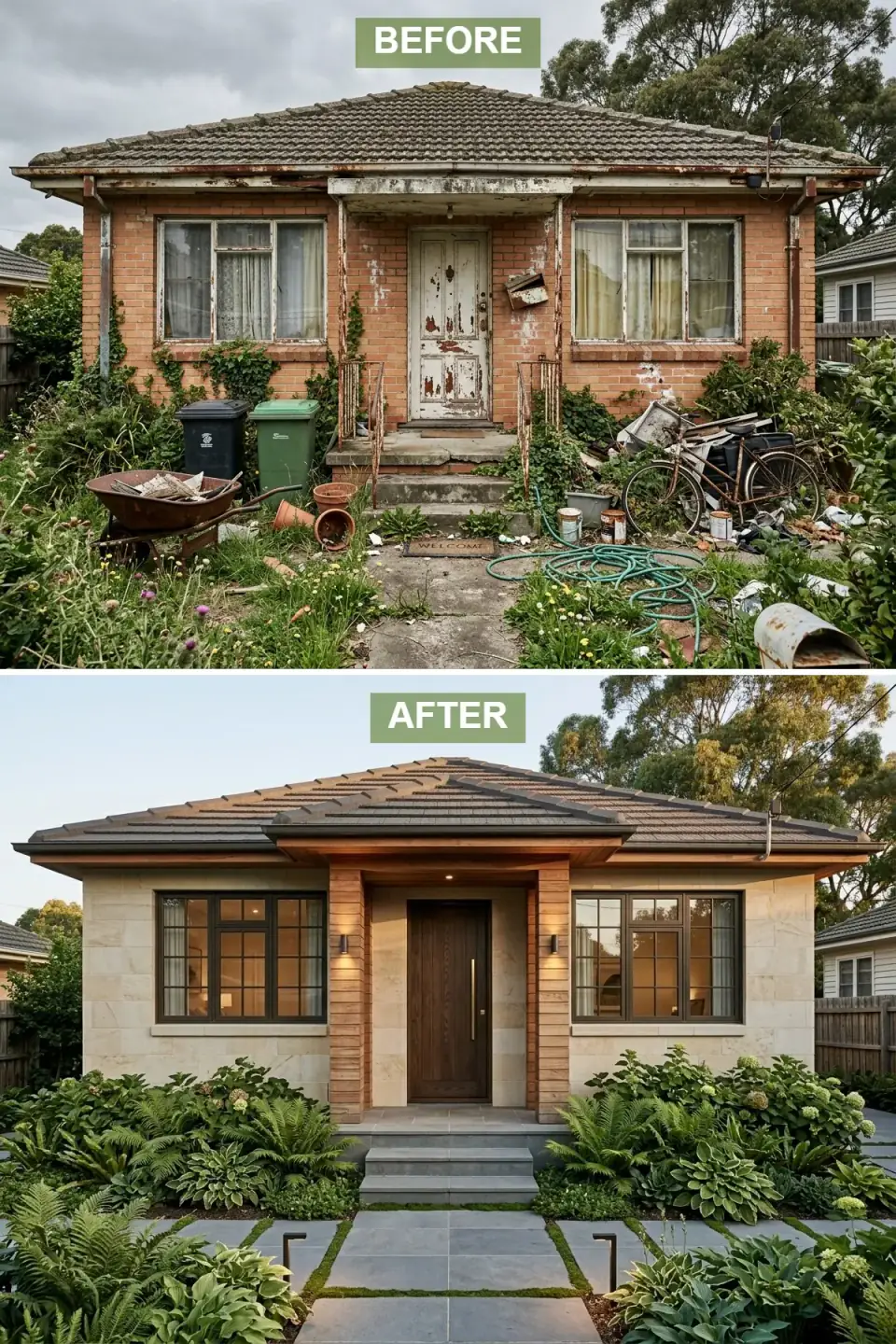 Mid-century home reclad in large-format sandstone tile with a charcoal roof, walnut entry door, bronze-framed windows, and a layered shade garden of ferns and hydrangeas