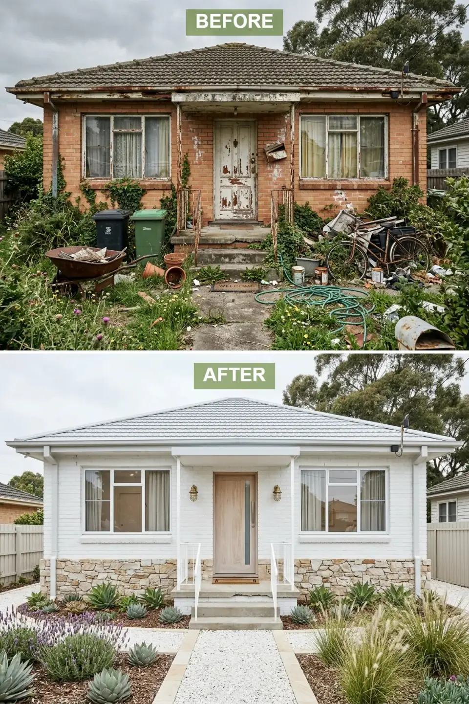 Painted white brick home with a dry-stacked sandstone base skirt, pale oak front door, grey concrete roof, and a drought-tolerant garden of lavender and ornamental grasses