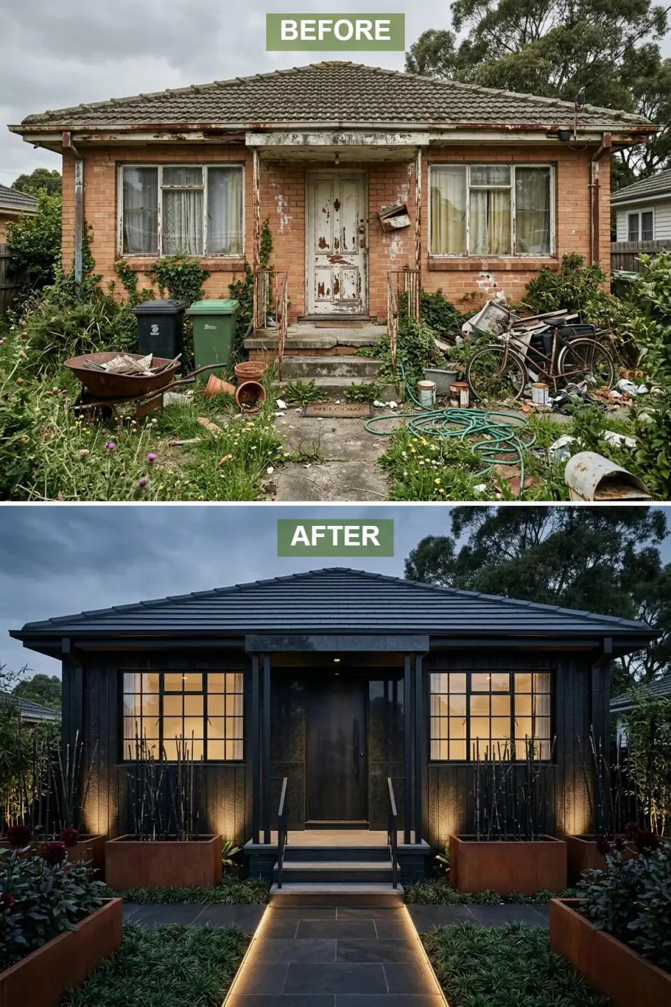 1960s home clad entirely in deep charcoal vertical boards with black roof, warm-lit grid windows, Corten steel planters, and a bluestone path inlaid with a warm LED strip