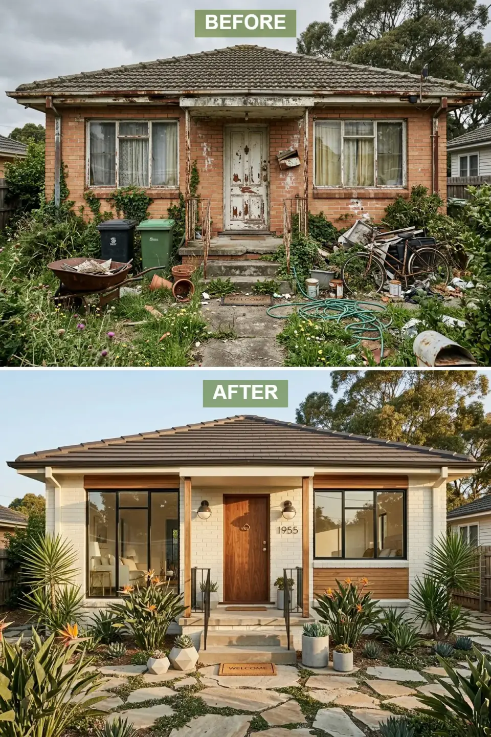 1960s home painted white with horizontal cedar accent panels, expansive black-framed glass, a teak door with brass hardware, and a graphic garden of yuccas and grasses in concrete planters