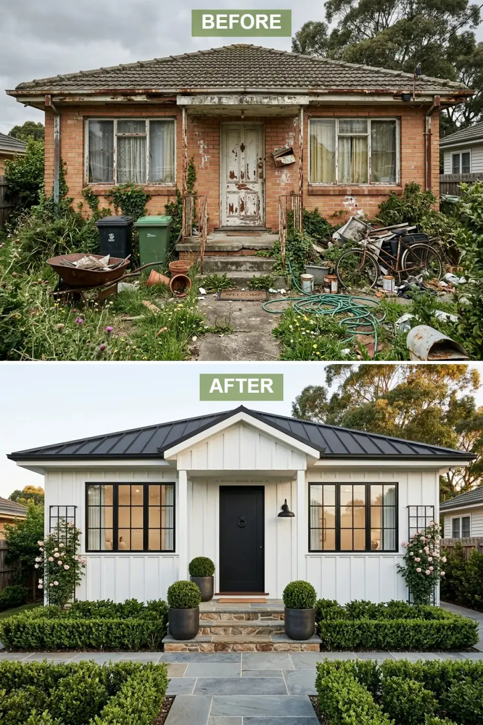 Brick home hidden beneath white board-and-batten siding with a charcoal standing-seam roof, a new porch gable, ebony door, black grid windows, and symmetrical boxwood topiary