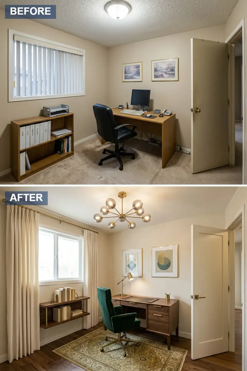 Mid-century modern home office reinvention in warm walnut tones with brass accents, sculptural sputnik chandelier, flowing ivory drapery, floating walnut wall shelves with curated books, emerald velvet executive chair, vintage-patterned area rug, geometric art, and refinished hardwood floors.