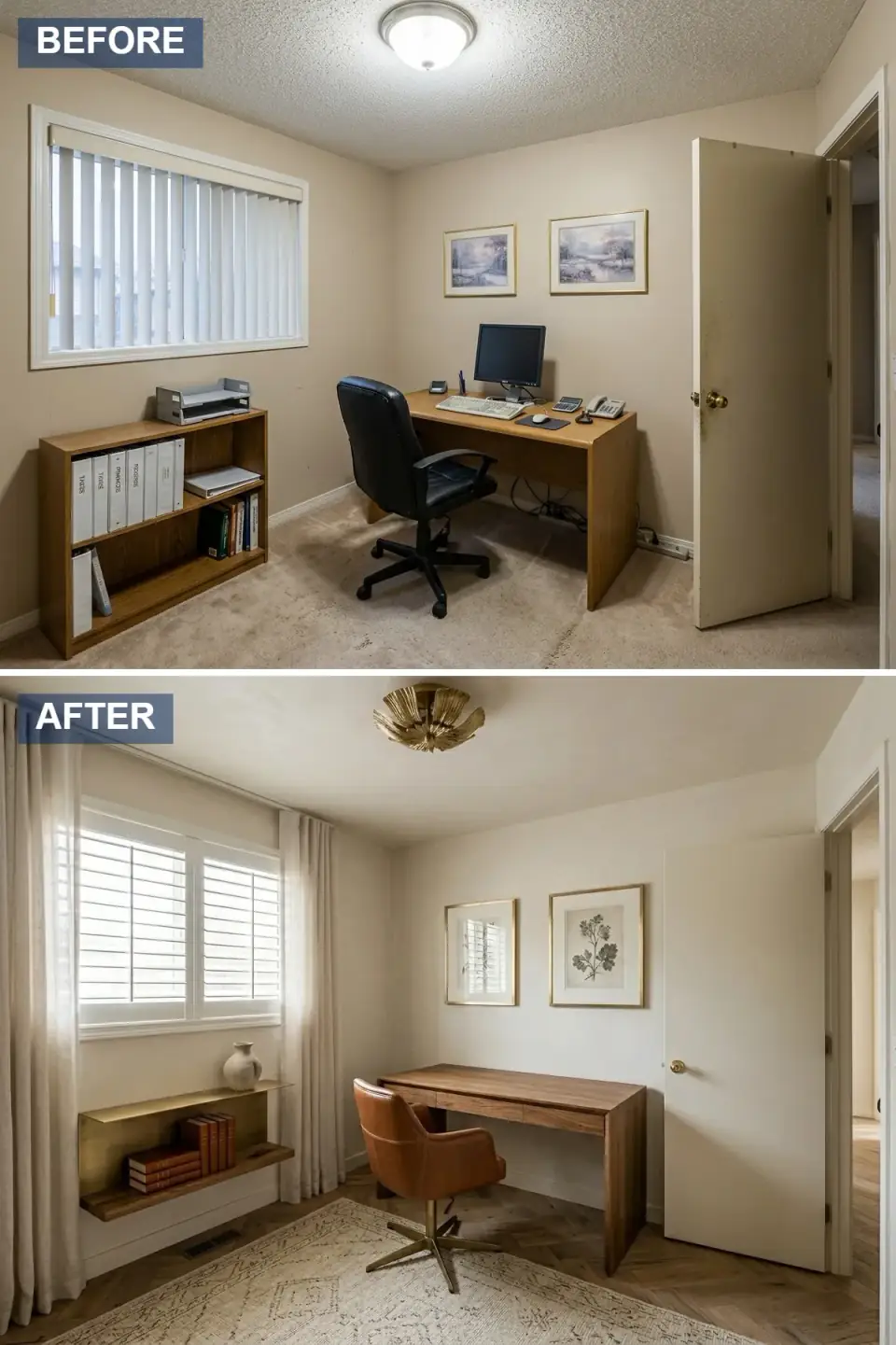 Quiet luxury home office reinvention with plantation shutters and sheer curtains, low-profile burnished brass wall shelf, clean walnut slab desk, sculptural cognac leather swivel chair, herringbone hardwood floors, tonal botanical art on alabaster walls.