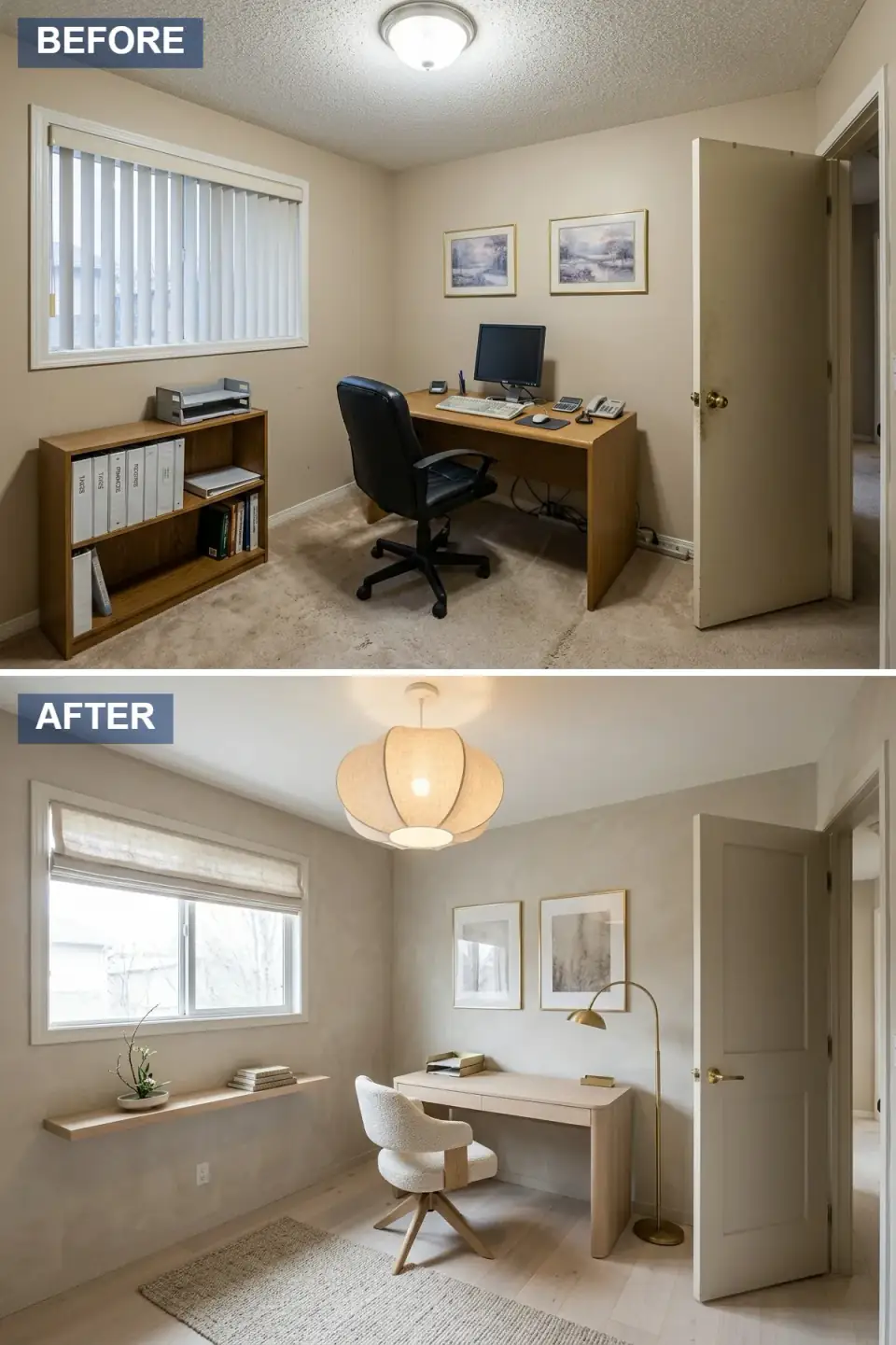 Japandi home office reinvention with sculptural linen pendant light, pale oak desk and floating shelf against a clay-like greige plaster wall, inviting boucle desk chair, edited bookshelf with a single stem and few volumes, brass arc floor lamp, wide-plank blonde oak flooring, neutral rug.