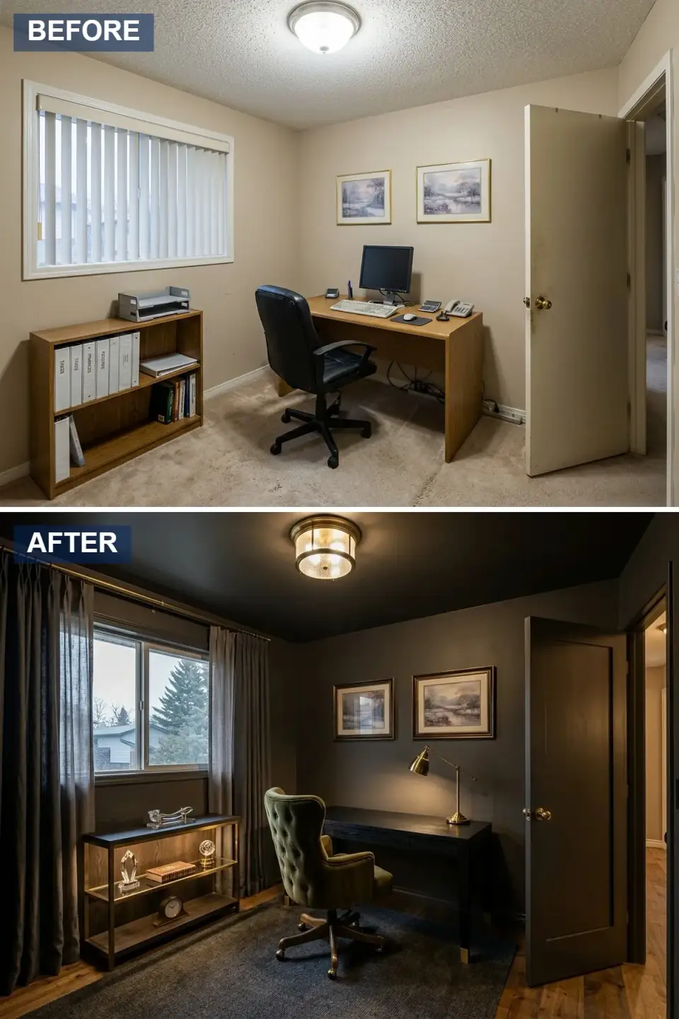 Moody dark academia home office reinvention with deep charcoal walls and ceiling, dark-framed landscape art, illuminated glass-and-wood display console, black desk merging into the architecture, olive tufted velvet chair as centerpiece, layered brass lighting, dark drapery, midnight navy area rug.