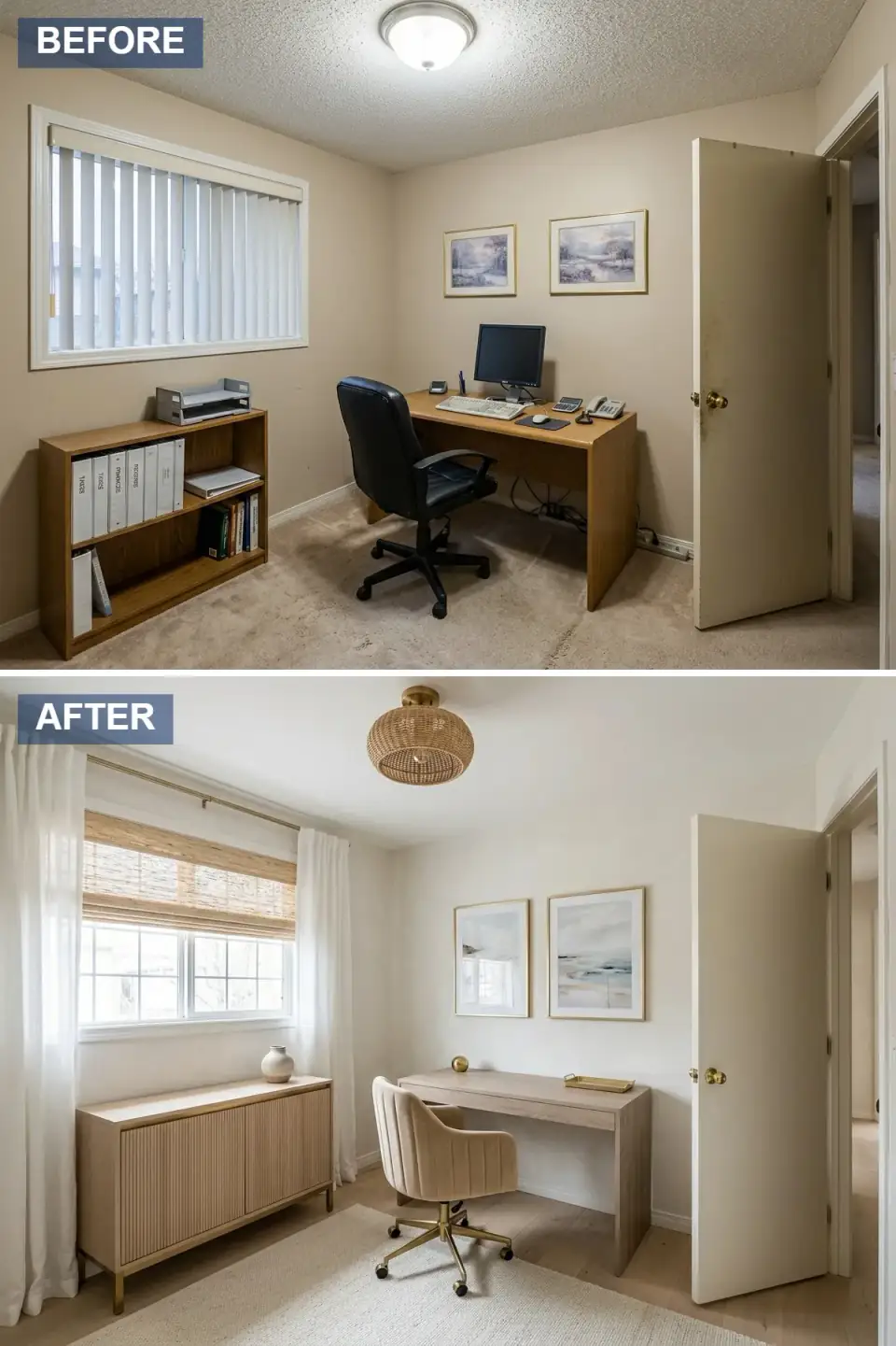 Breezy coastal home office reinvention with woven rattan pendant light, fluted oak credenza with concealed storage, oatmeal and sand-toned desk and chair, chunky wool area rug, woven wood shades layered with sheer curtains, abstract atmospheric seascapes, pale wide-plank wood flooring.
